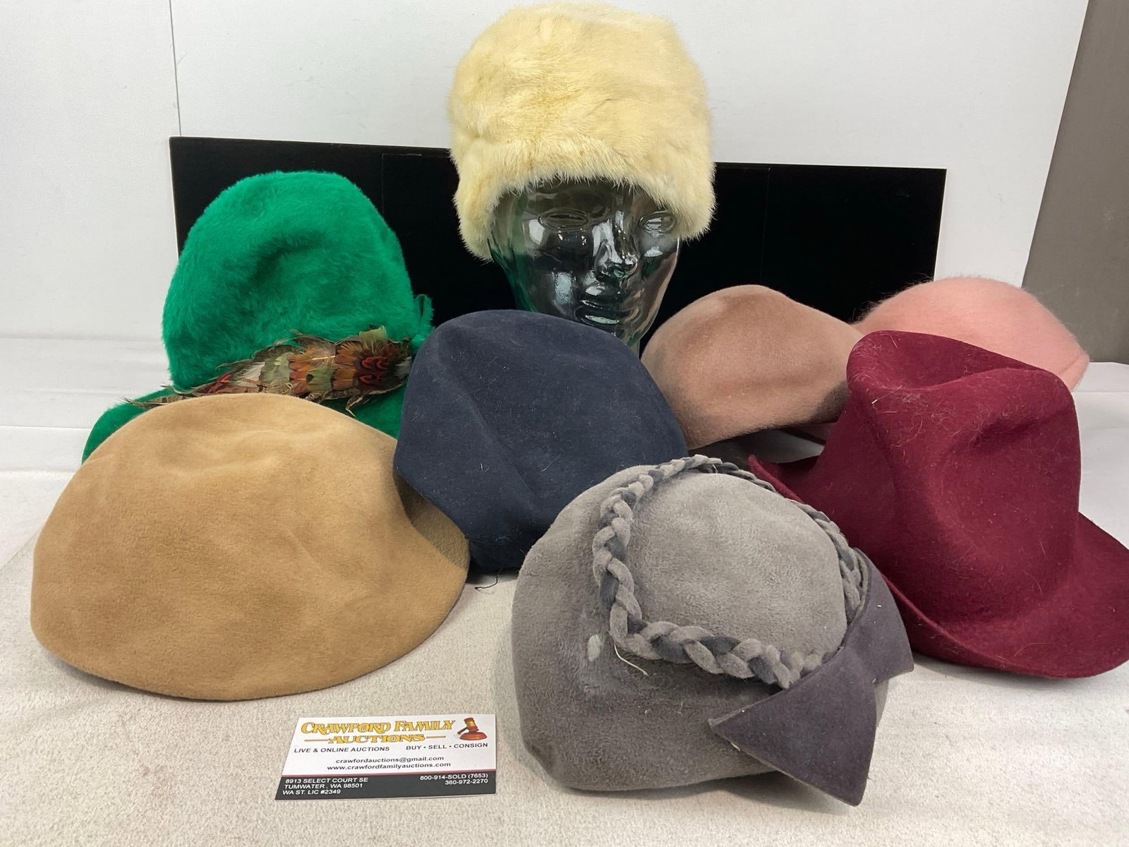 Collection of 8 40s-50s Hats, Felt & Velour, Cloche styles, Fur pillbox, Beret style, many colors: Appears to be in good shape. The piece measures approx 9h x 13w x 13d inches. See pics. E-6160
