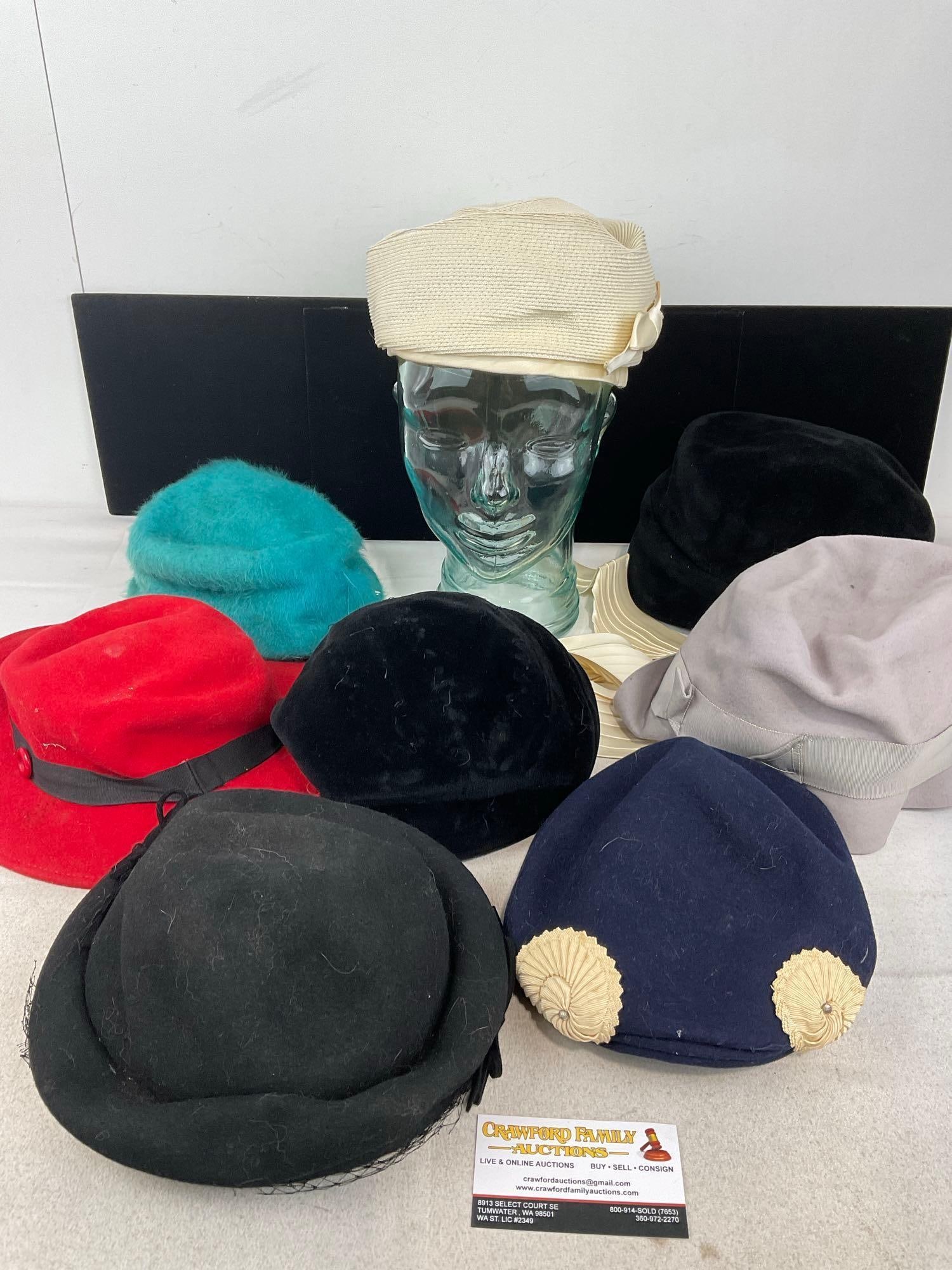 Collection of 8 40s-50s Hats, Pillbox, Wool Beret, Cloche style, Red Fedora & more: Appears to be in good shape. The piece measures approx 9h x 13w x 13d inches. See pics. E-6160