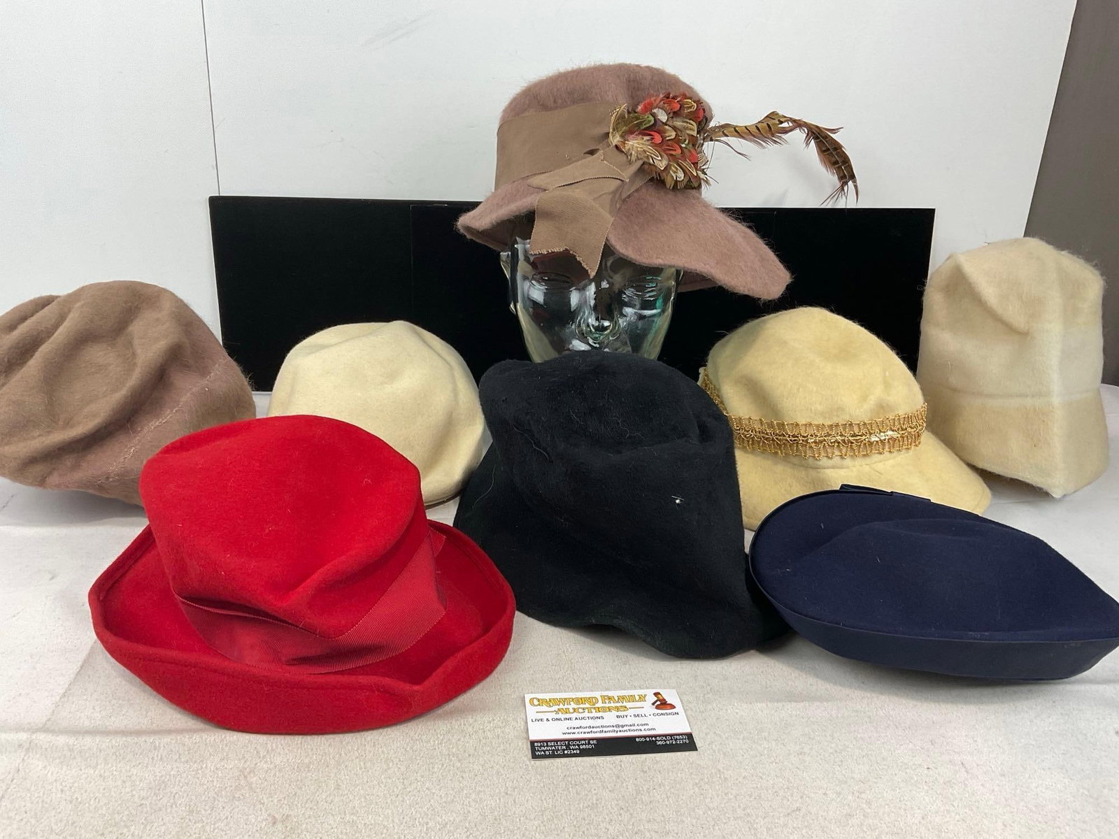 Collection of 8 40s-50s Hats, Felt & Velour Cloche style Hats, Beret, Floppy Fedora & more: Appears to be in good shape. The piece measures approx 9h x 13w x 13d inches. See pics. E-6160