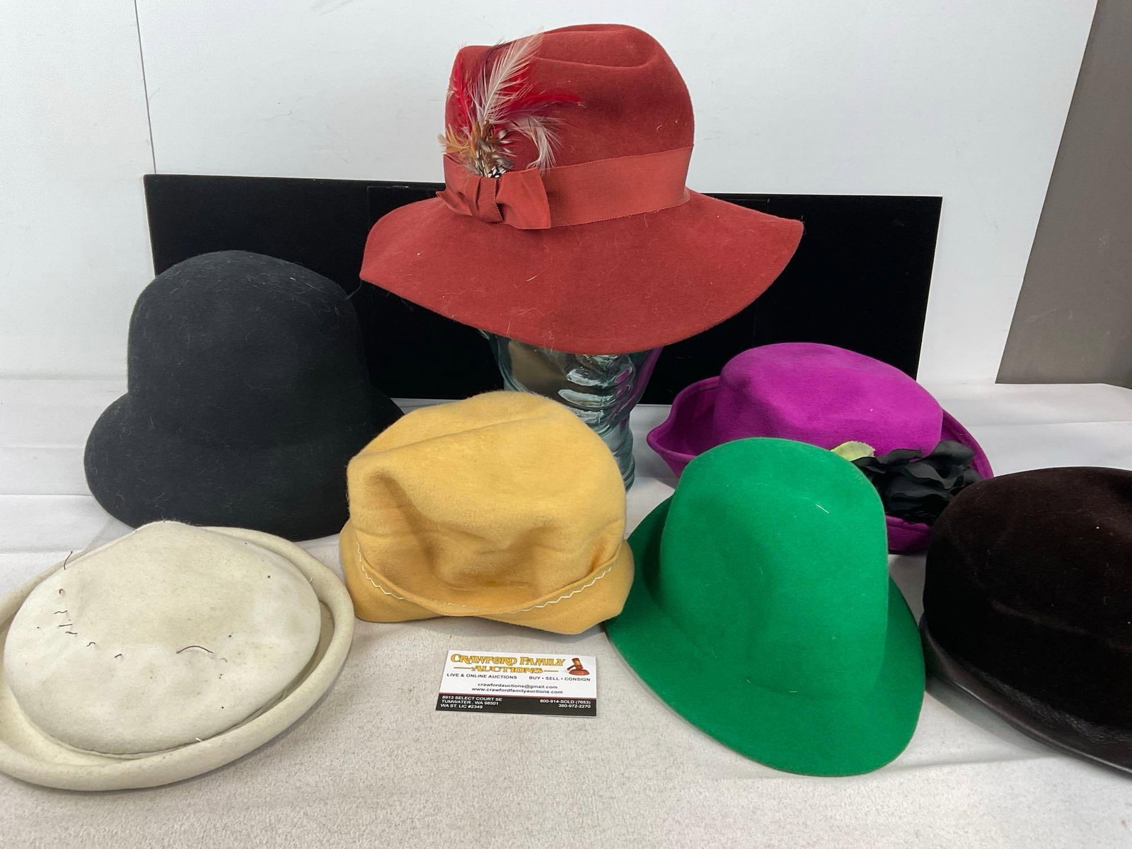 Collection of 40s-50s Felt & Velour Hats, Molded Fedora Cloches, Bucket Hats & more: Appears to be in good shape. The piece measures approx 9h x 13w x 13d inches. See pics. E-6160