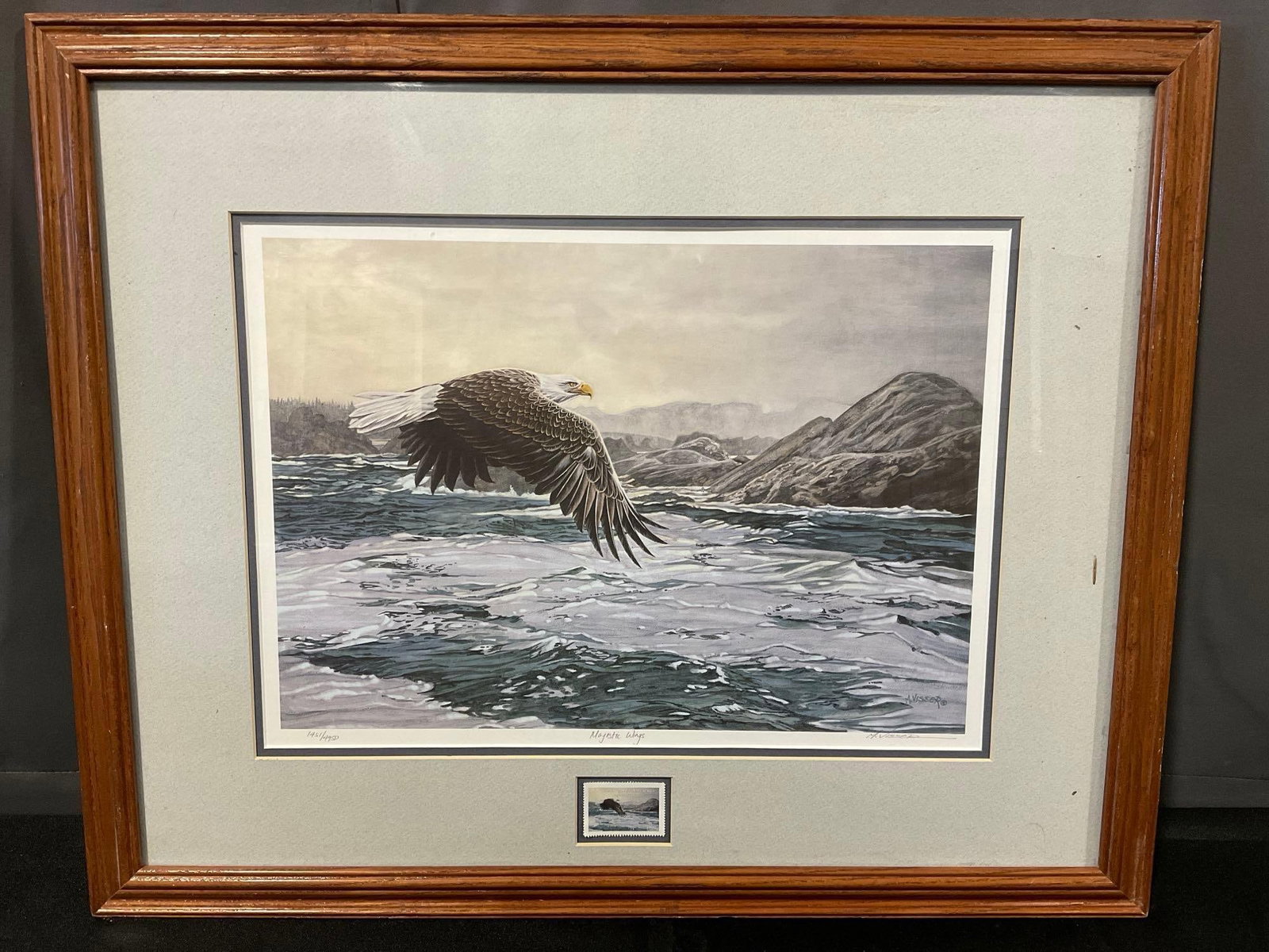 Framed Litho signed & #d 1451/4950 titled Majestic Wing by Marten Visseiz, 23x27 inches: Appears to be in good shape. The piece measures approx 23h x 27w x 3d inches. See pics. E-6230