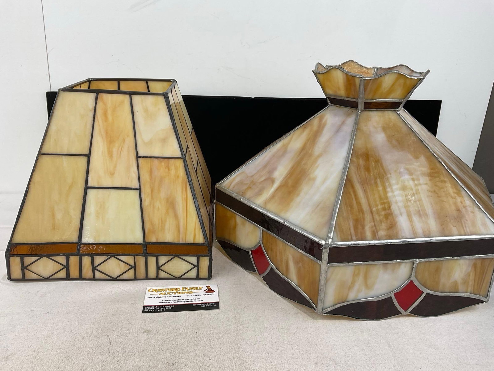 Pair of Amber Slag Stained Glass Lamp Shades, missing the fitters on top: Appears to be in good shape, missing the fitters on top. The pieces fit in a box that measures approx 17h x 15w x 15d inches. See pics. E-6230 *Oversized shipping may apply*