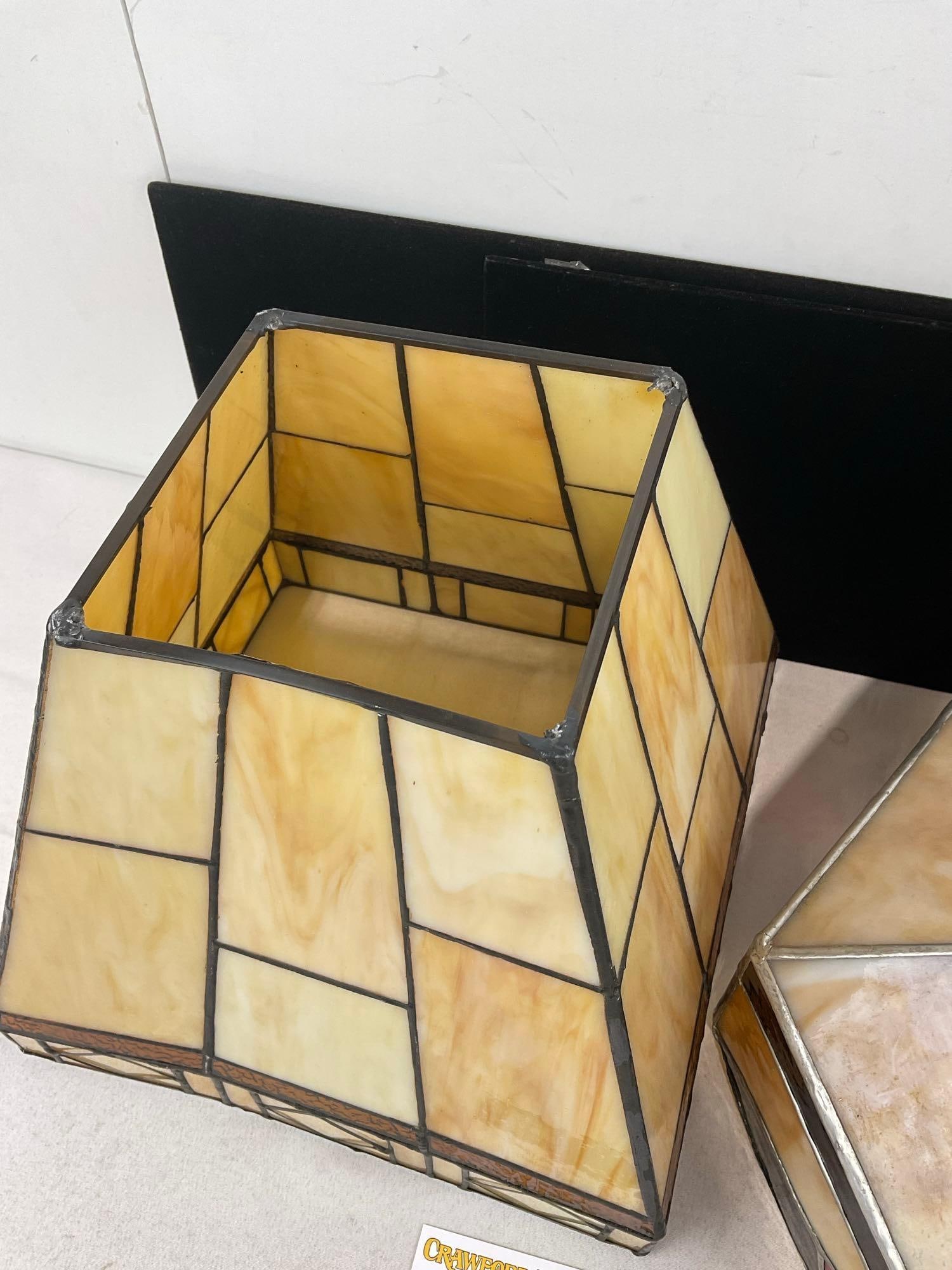 Pair of Amber Slag Stained Glass Lamp Shades, missing the fitters on top - 3