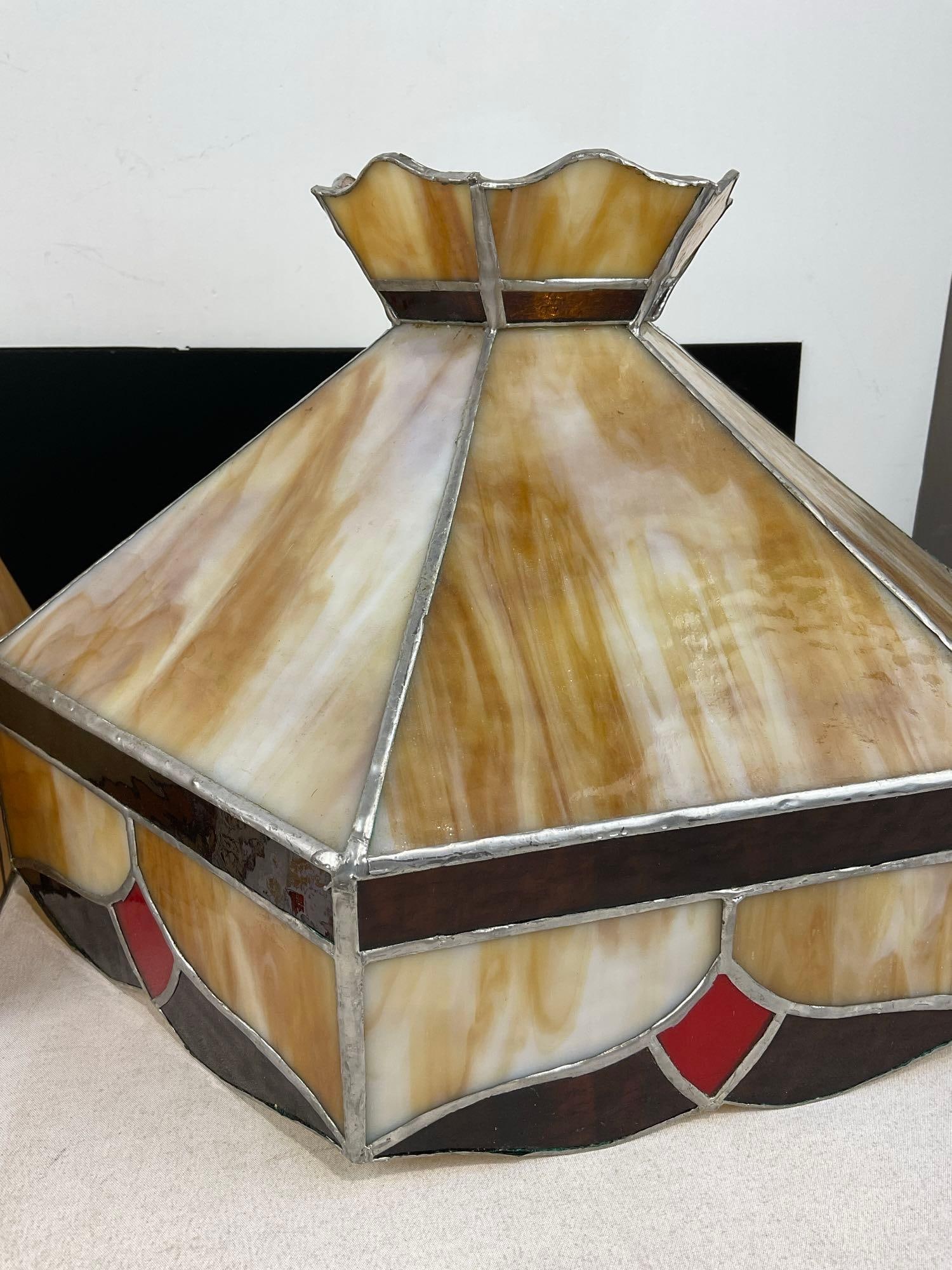 Pair of Amber Slag Stained Glass Lamp Shades, missing the fitters on top - 4