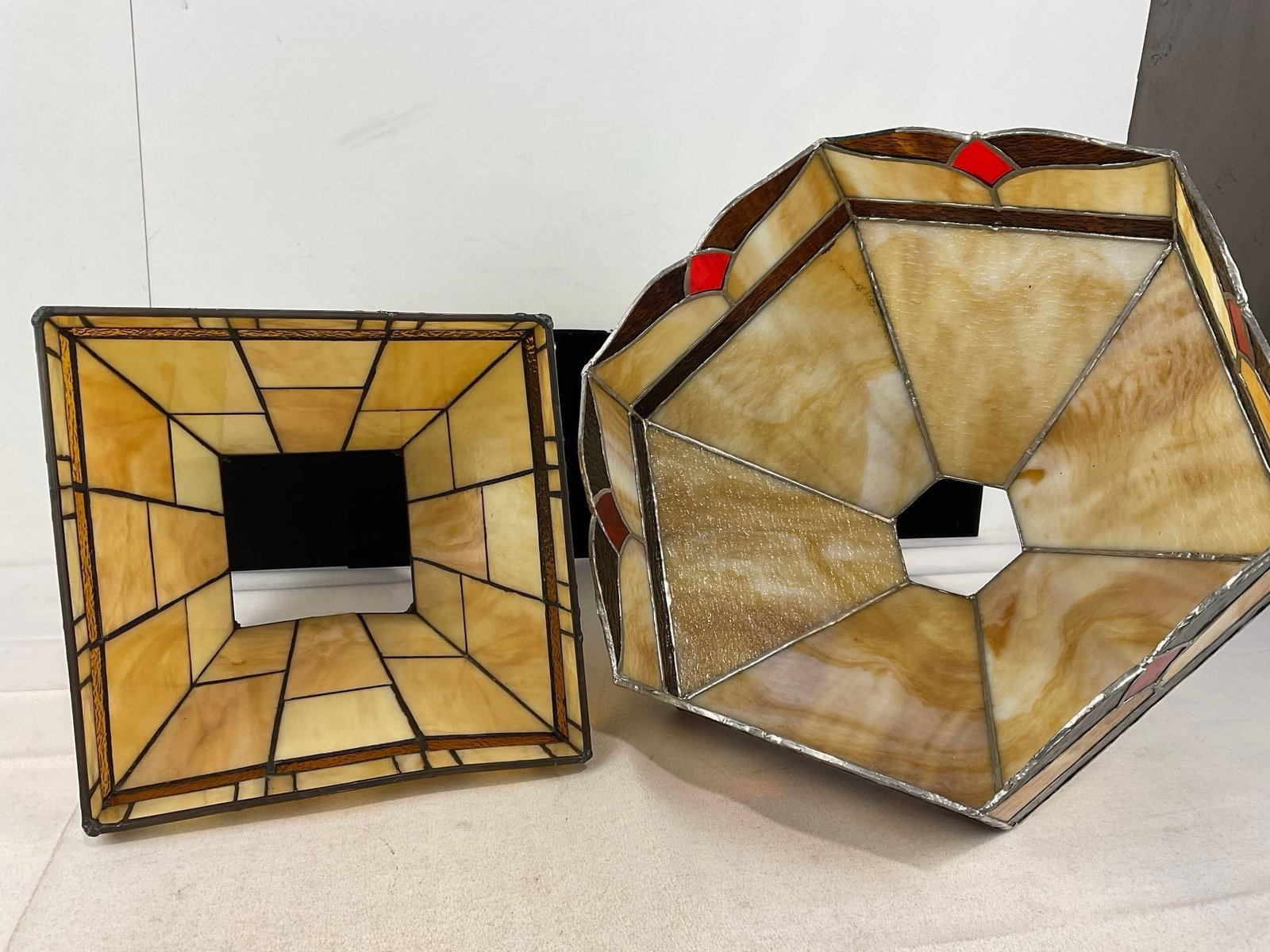 Pair of Amber Slag Stained Glass Lamp Shades, missing the fitters on top - 6