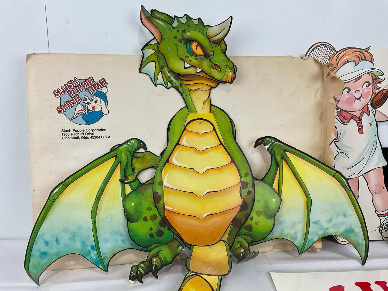 Vintage Promotional signs, 4x for Campbell Soups, Green Posable Dragon, & Slush Puppie sign - 2