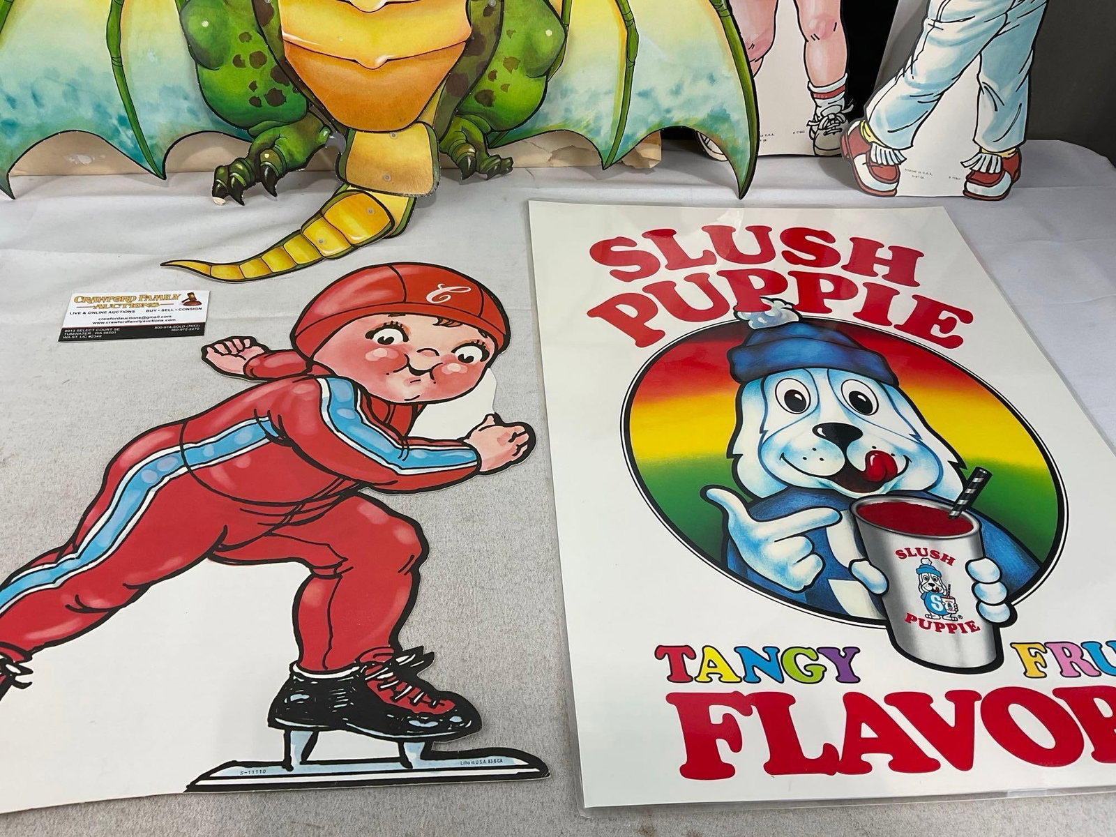 Vintage Promotional signs, 4x for Campbell Soups, Green Posable Dragon, & Slush Puppie sign - 4