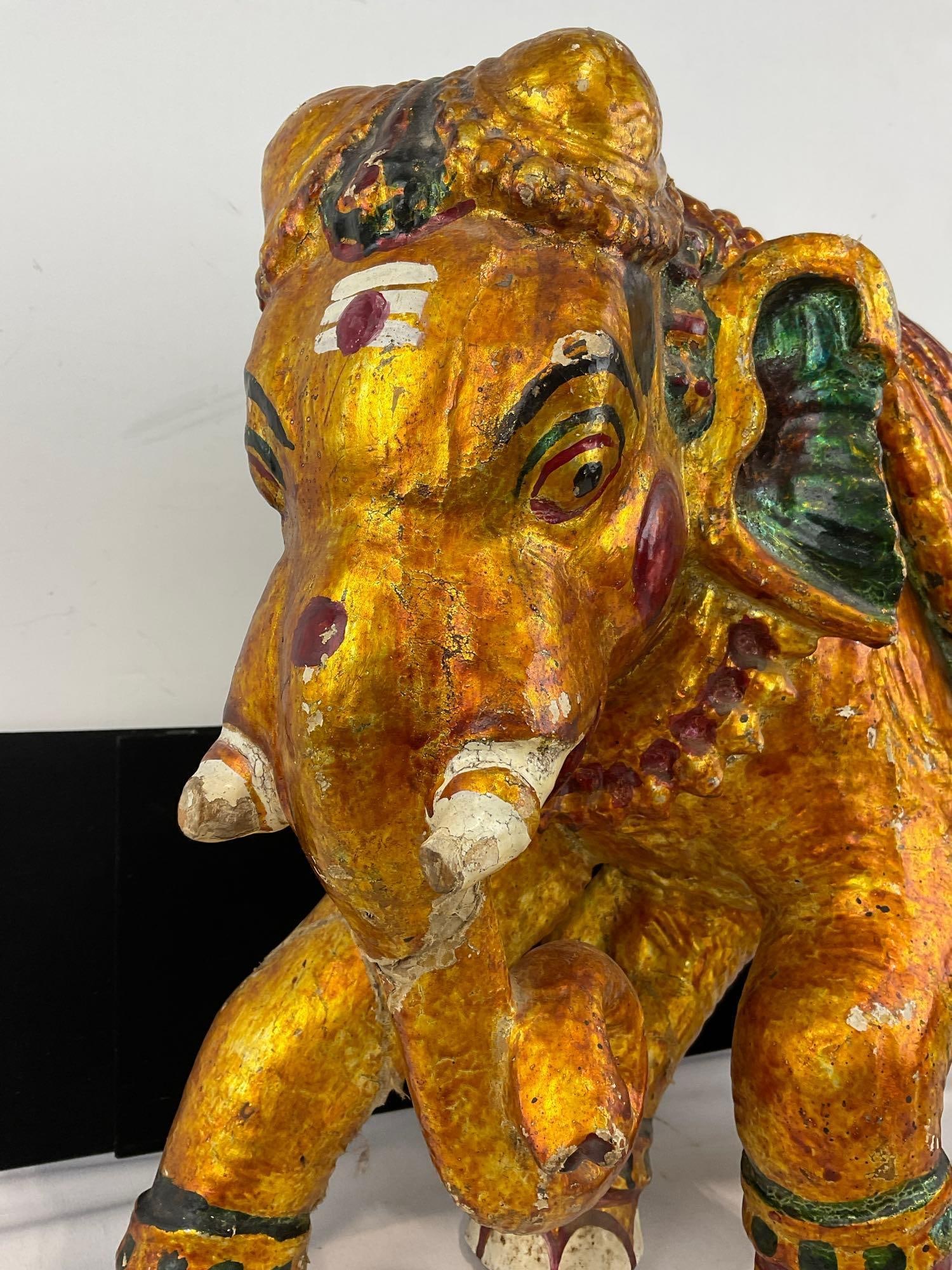 Large Plaster Indian Elephant Sculpture, gilt finish & handpainted, shows wear, 18x18x11 inches - 2