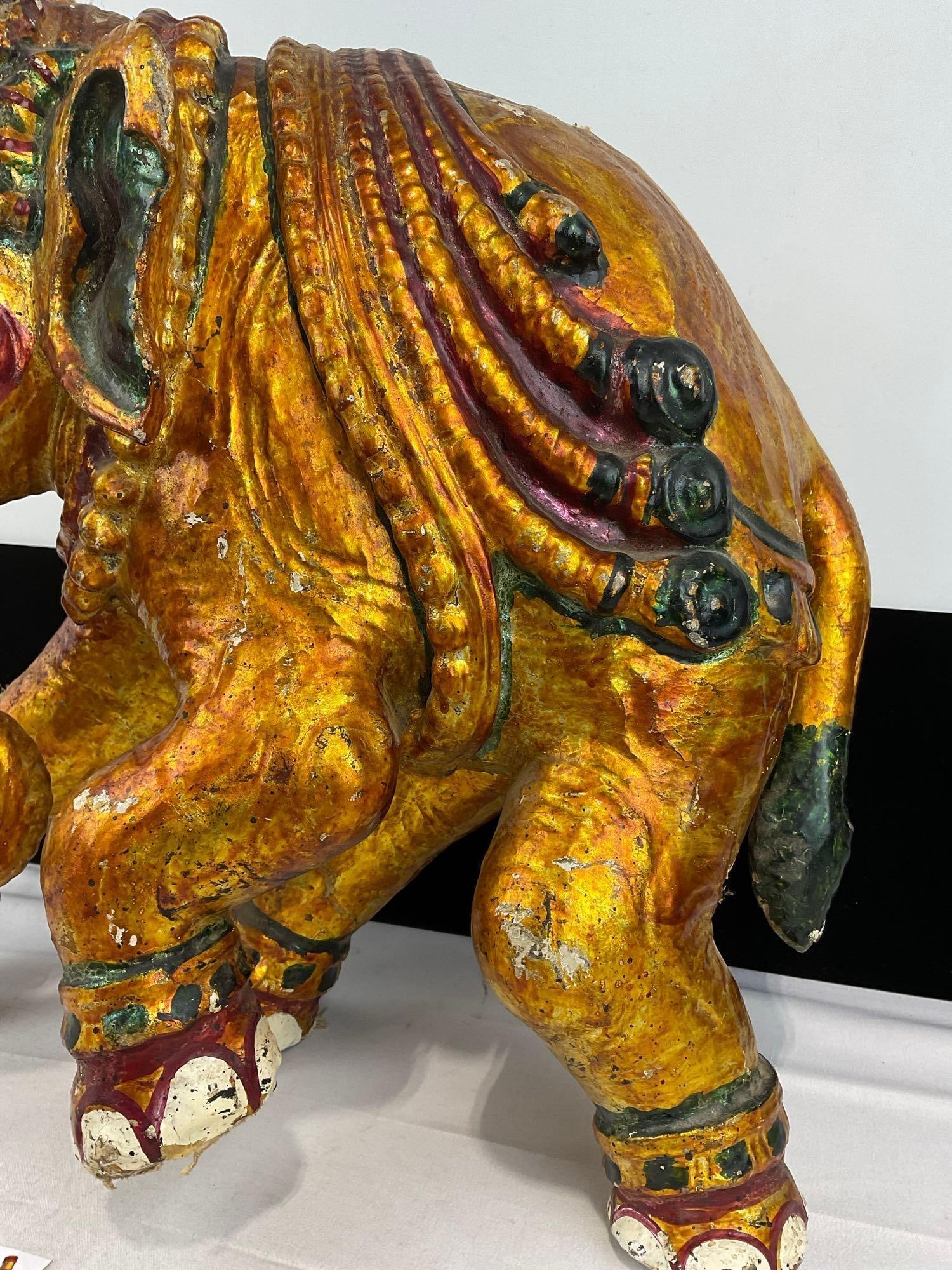 Large Plaster Indian Elephant Sculpture, gilt finish & handpainted, shows wear, 18x18x11 inches - 3