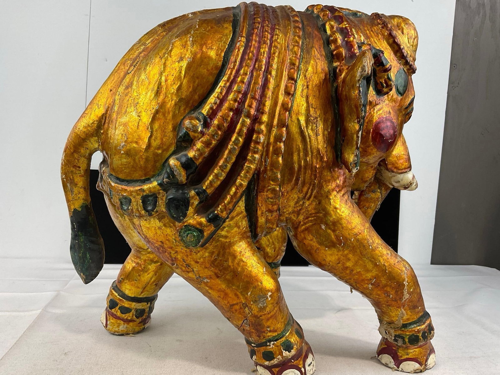 Large Plaster Indian Elephant Sculpture, gilt finish & handpainted, shows wear, 18x18x11 inches - 5