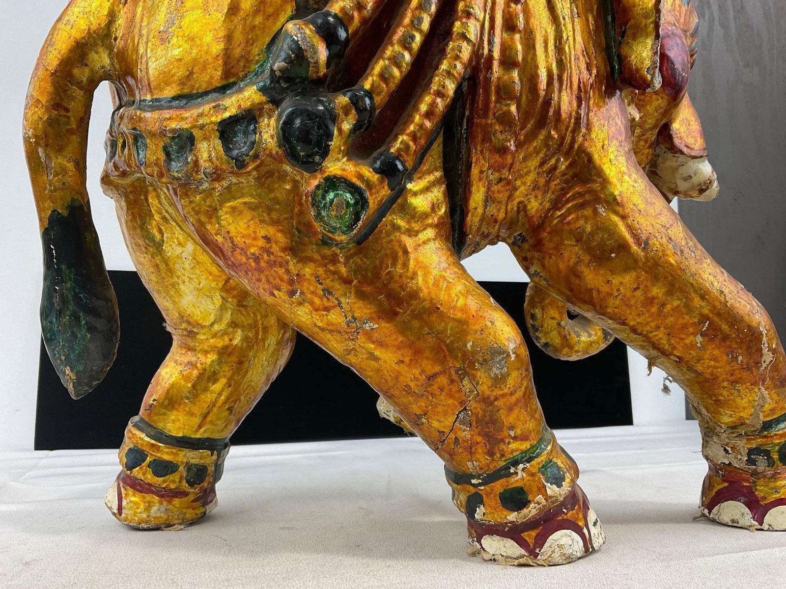 Large Plaster Indian Elephant Sculpture, gilt finish & handpainted, shows wear, 18x18x11 inches - 6