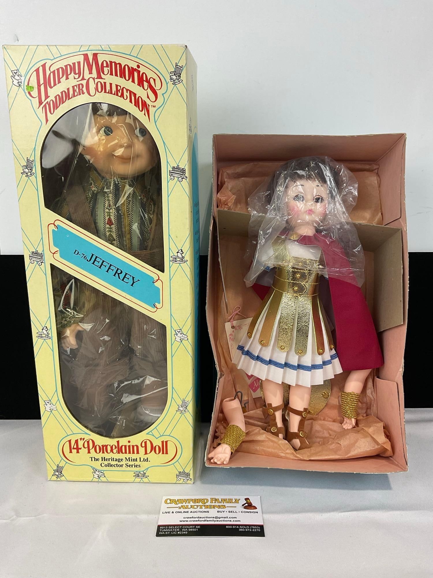 Madame Alexander Mark Antony #1310 w/ store tag & Happy Memories Toddler D-76 Jeffery, original box: Appears to be in good shape. The piece measures approx 8h x 16w x 8d inches. See pics. E-414