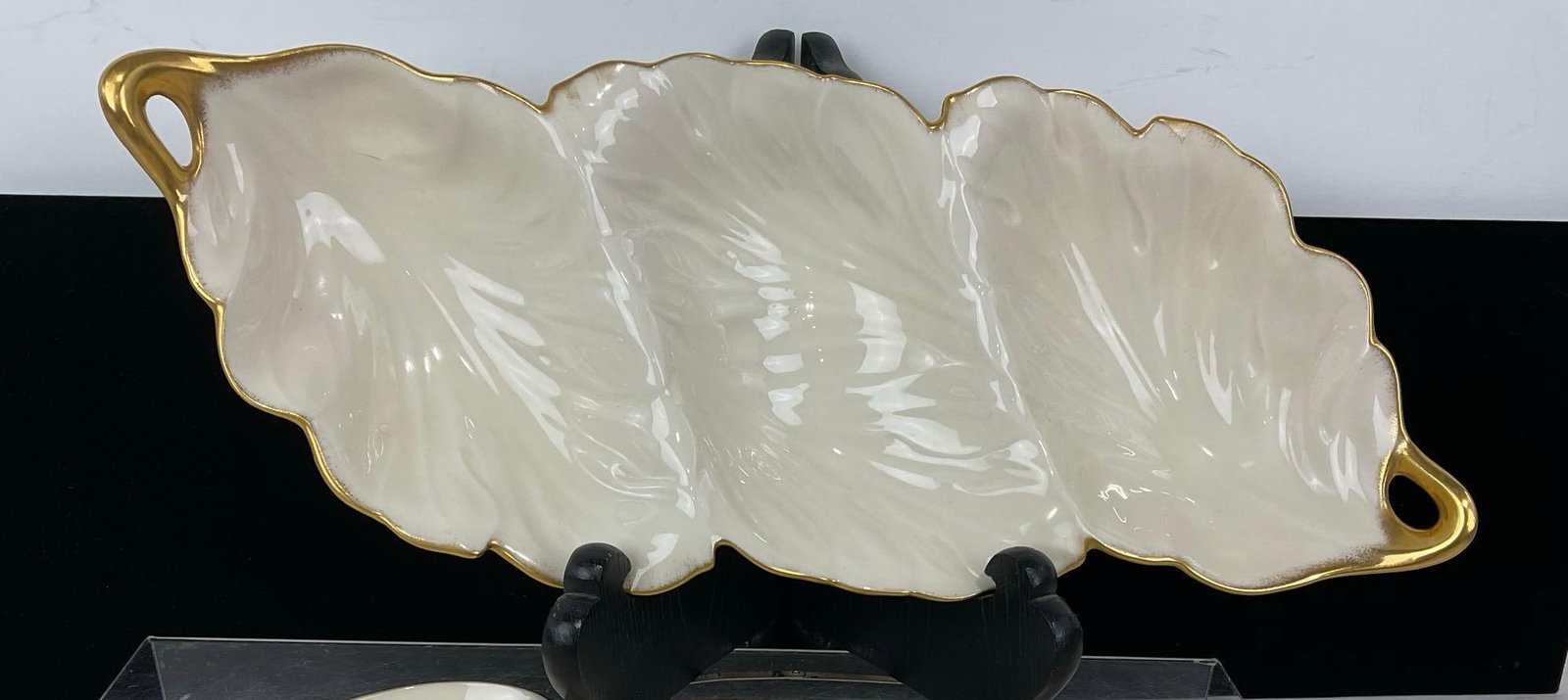 3 Section Lenox Serving Plate, Leaf Shaped & 2 Small Nut Plates: Appears to be in good shape. The piece measures approx 3h x 17w x 8d inches. See pics. E-414