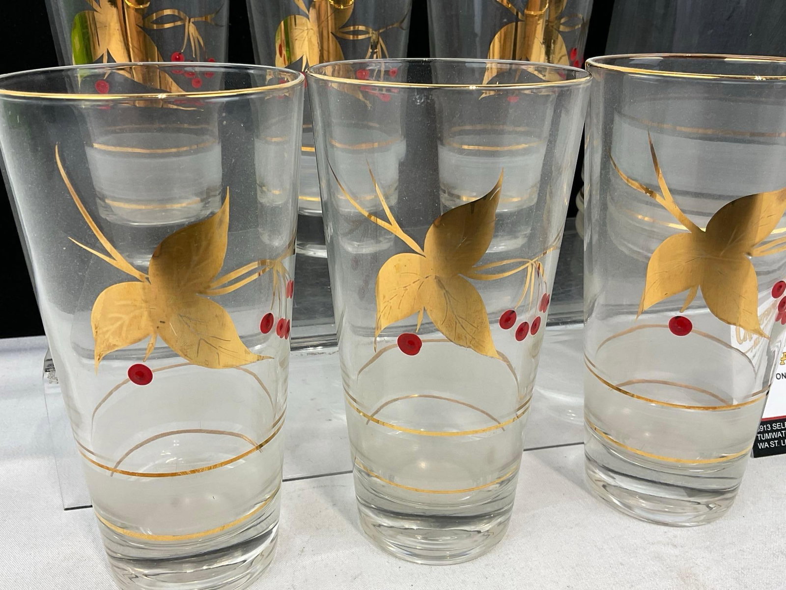 Vintage 1950s-60s Gilt Design Pitcher & 6 Glasses, Leaf & Red Berry motif - 2