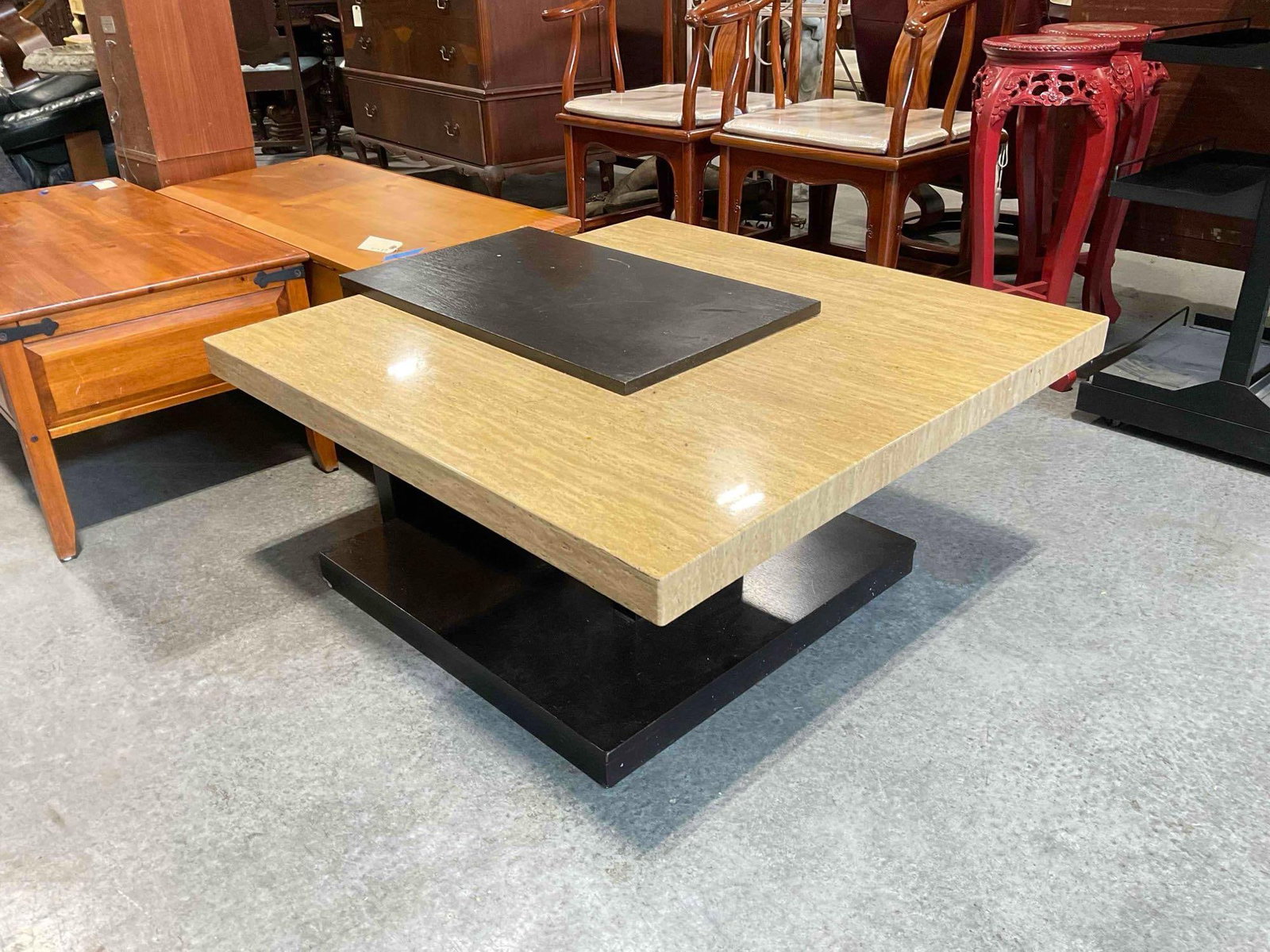 Signature Design by Ashley Yellow Travertine? Stone & Dark Wood Finish Coffee Table. See pics.: Signature Design by Ashley Yellow Travertine? Stone & Dark Wood Finish Coffee Table. Piece used to have four wheels supporting it, has lost two, has wear indicative of age and use, otherwise