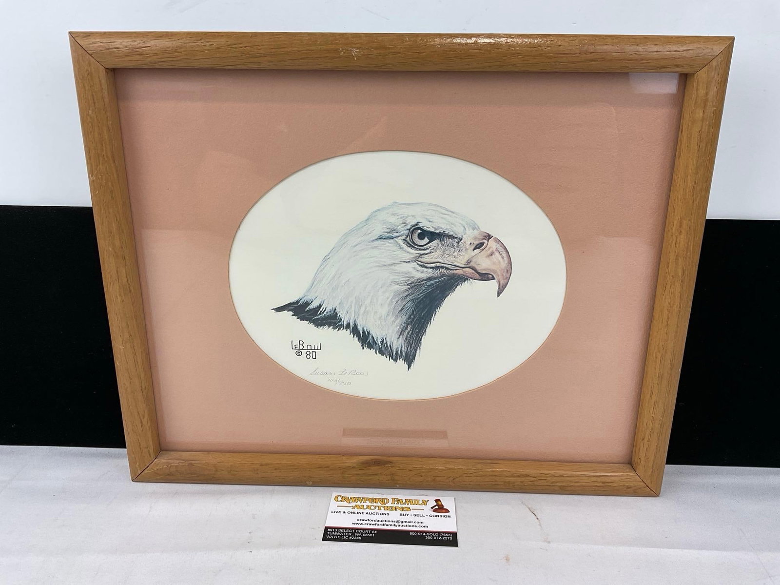 Framed Litho, Signed & #d 103/950, Bald Eagle by Susan LeBow 1980, 13x16 inches: Appears to be in good shape. The piece measures approx 13h x 16w x 3d inches. See pics. E-5980
