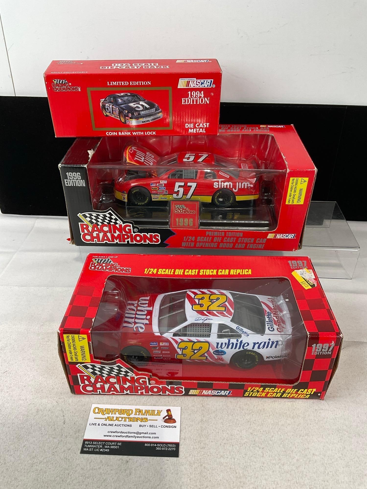 Racing Champions Diecast Car, 1994 Coin Bank, 2x 1:24 Scale Stock Car Replicas: Appears to be in good shape. The piece measures approx 11h x 17w x 13d inches. See pics. E-6150