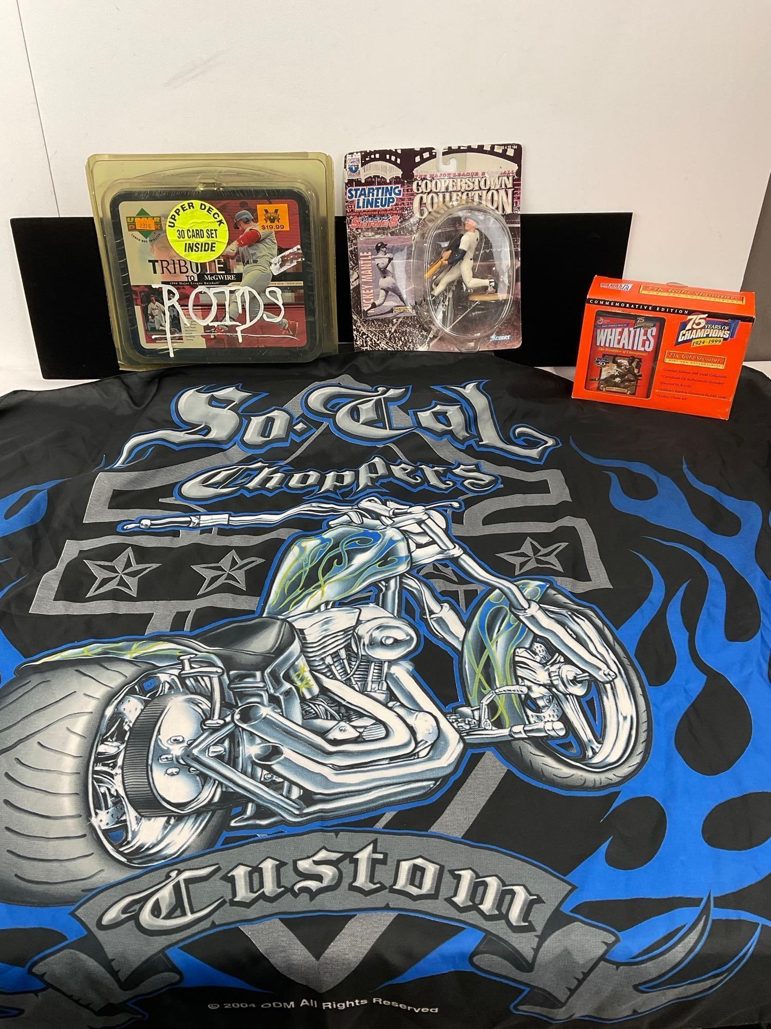 Upper Deck 1992 Tribute to McGwire, Mickey Mantle Kenner Figure, 99 Wheaties Mini Box & So-Cal Flag: So-Cal Choppers flag. The Mark McGwire piece has the word Roids on the front, after the controversy. Appears to be in good shape. The piece measures approx 8h x 11w x 10d inches. See pics. E-6150