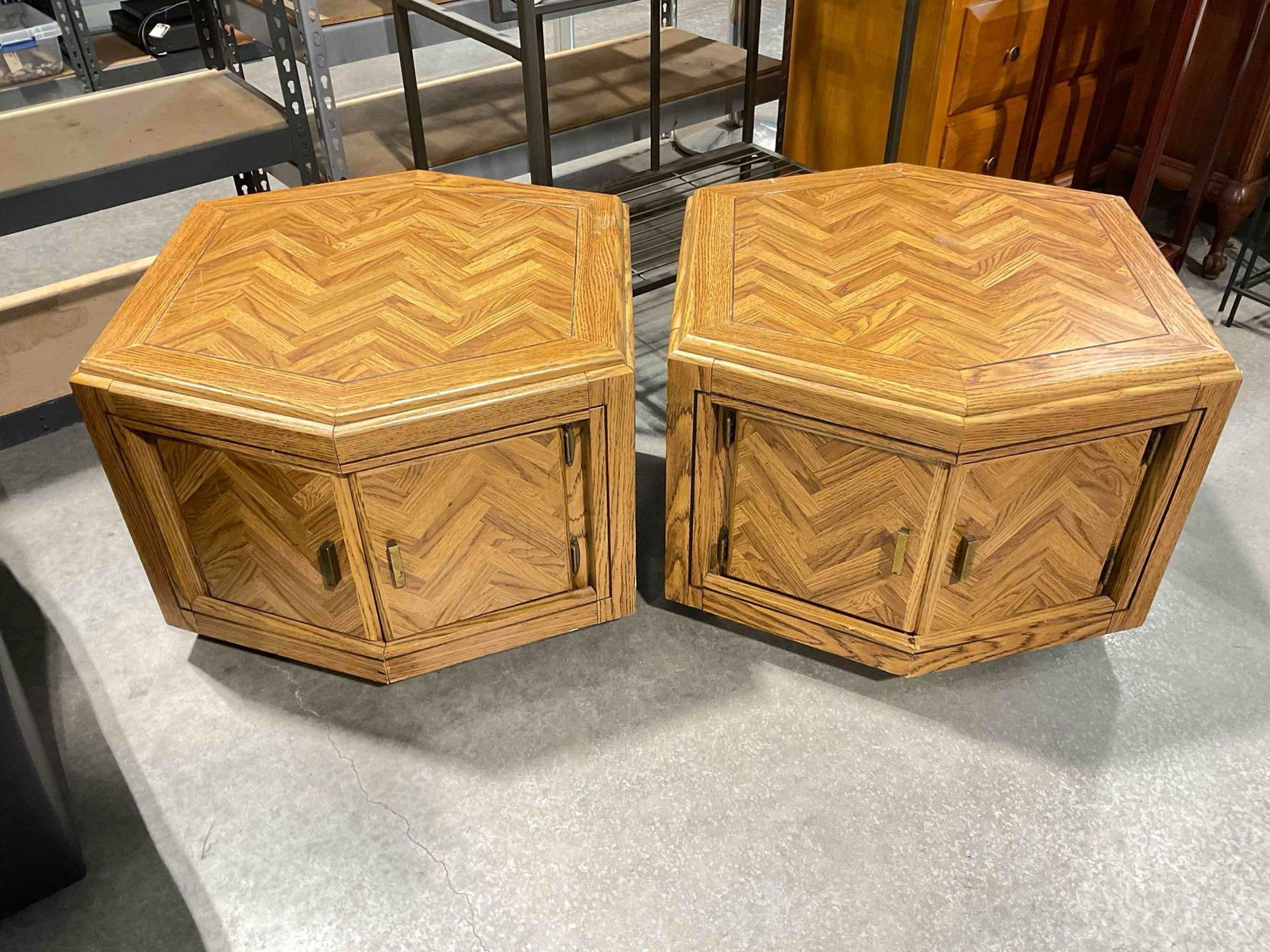 Pair of Oak Wood Finish Hexagonal Side Tables w/ Storage Cubbies & Parquet Pattern. (1 of 6)