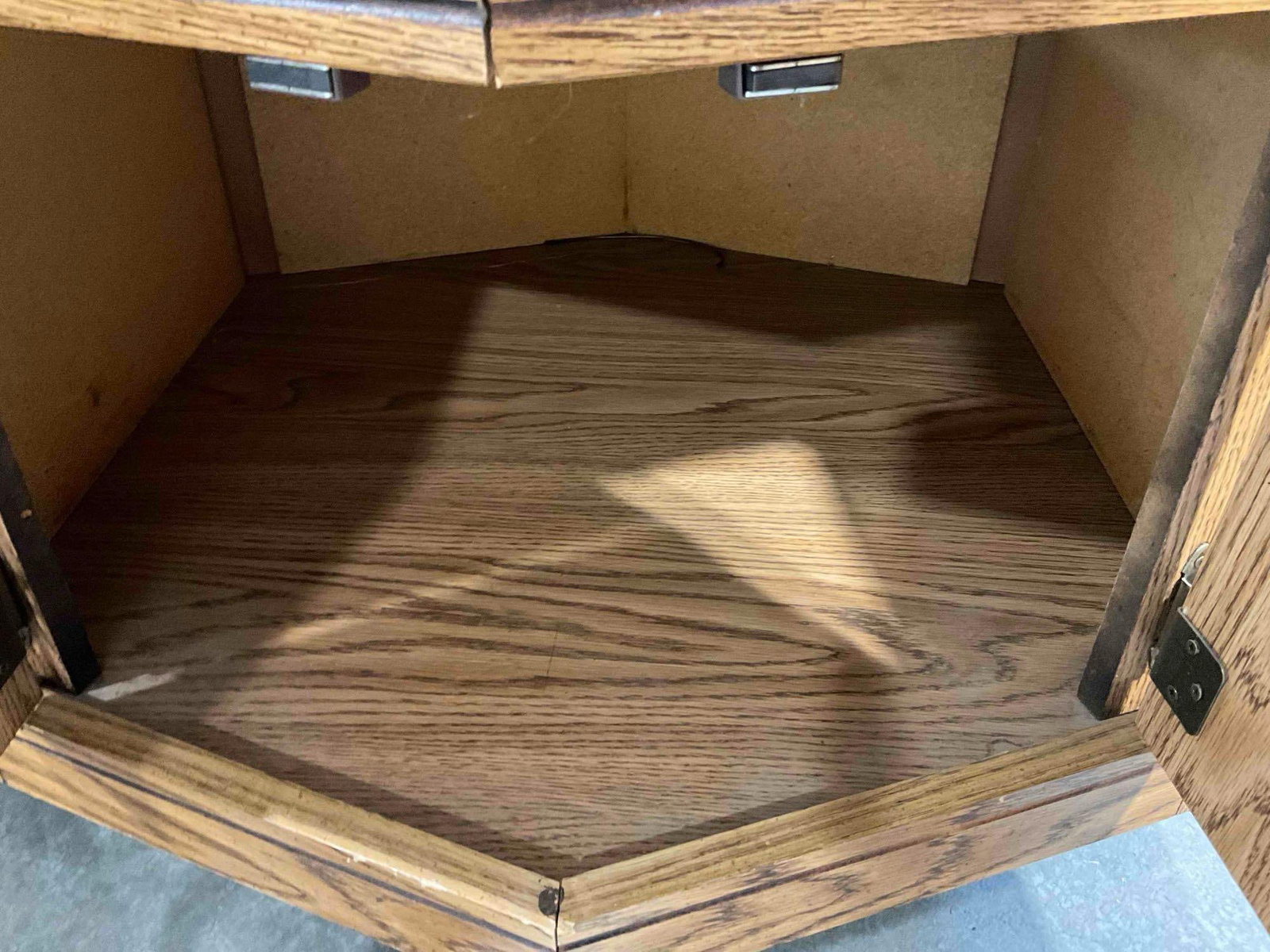 Pair of Oak Wood Finish Hexagonal Side Tables w/ Storage Cubbies & Parquet Pattern. - 4