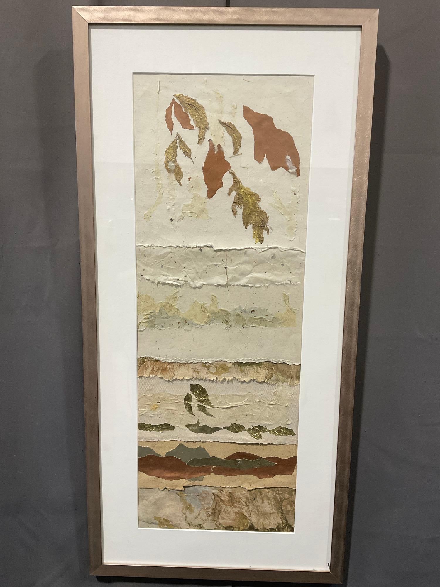 Framed Signed Original Mixed Media piece, #428 Fall Glow, by V. Van Doren, 36x19 inches: Looks to be signed by the artist in the lower right corner. Appears to be in good shape. The piece measures approx 36h x 19w x 3d inches. See pics. E-6080