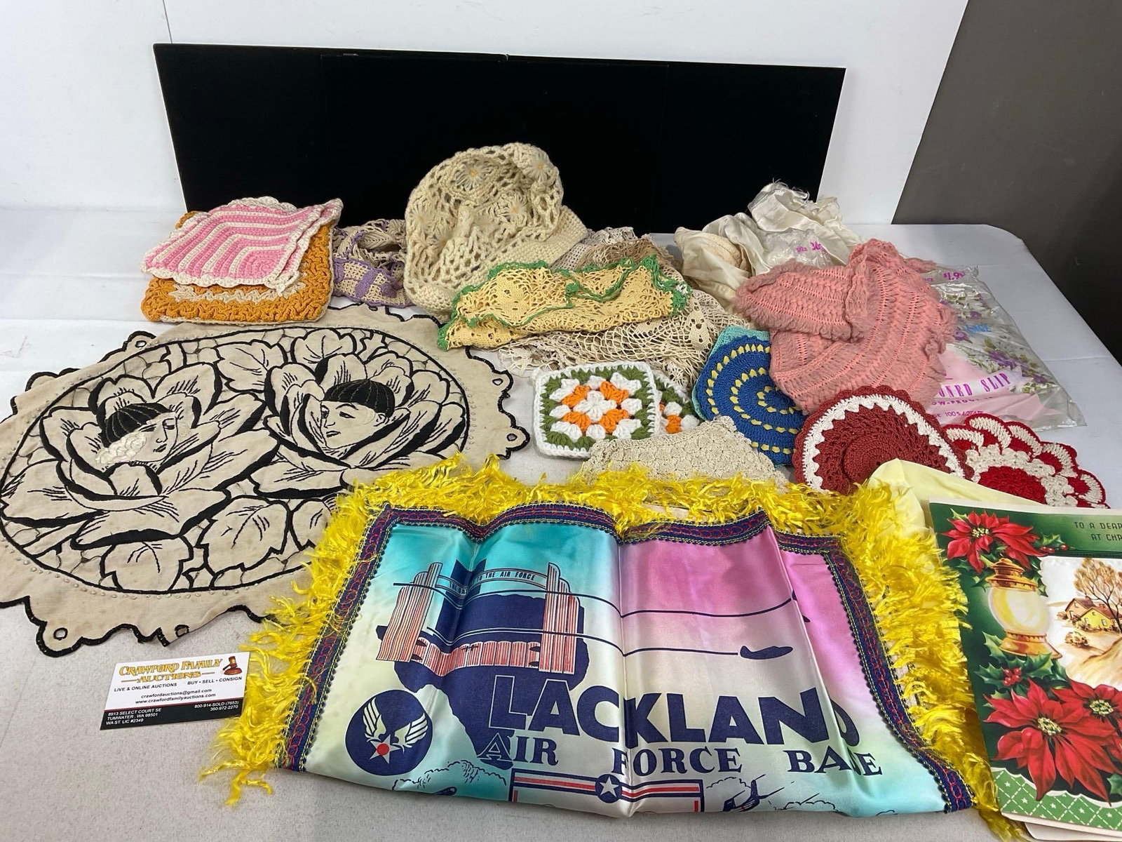 Variety of Handmade Pan Holders, Air Force Pillow Case, Black/White Ornate Embroidery & more: Appears to be in good shape. The piece measures approx 6h x 17w x 13d inches. See pics. E-5950