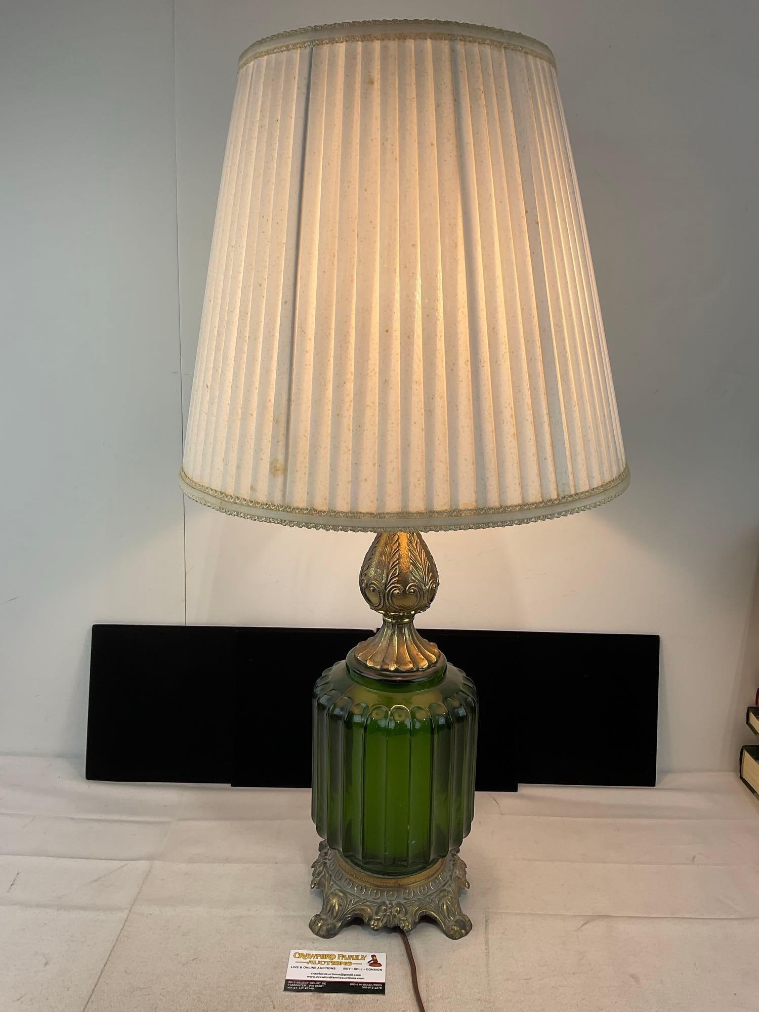 Vintage Cast Brass & Fluted Green Glass Table Lamp, 32x16x16 inches, tested & working (1 of 5)