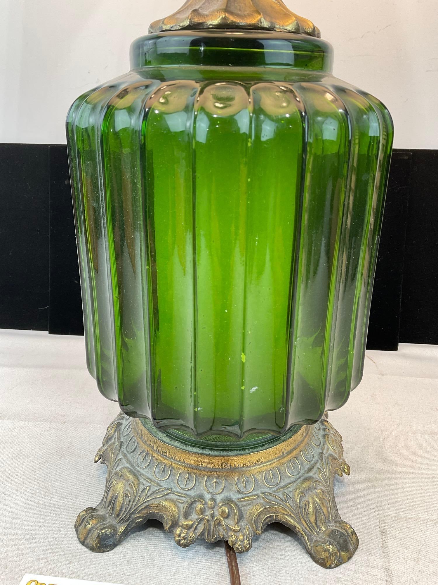 Vintage Cast Brass & Fluted Green Glass Table Lamp, 32x16x16 inches, tested & working - 2