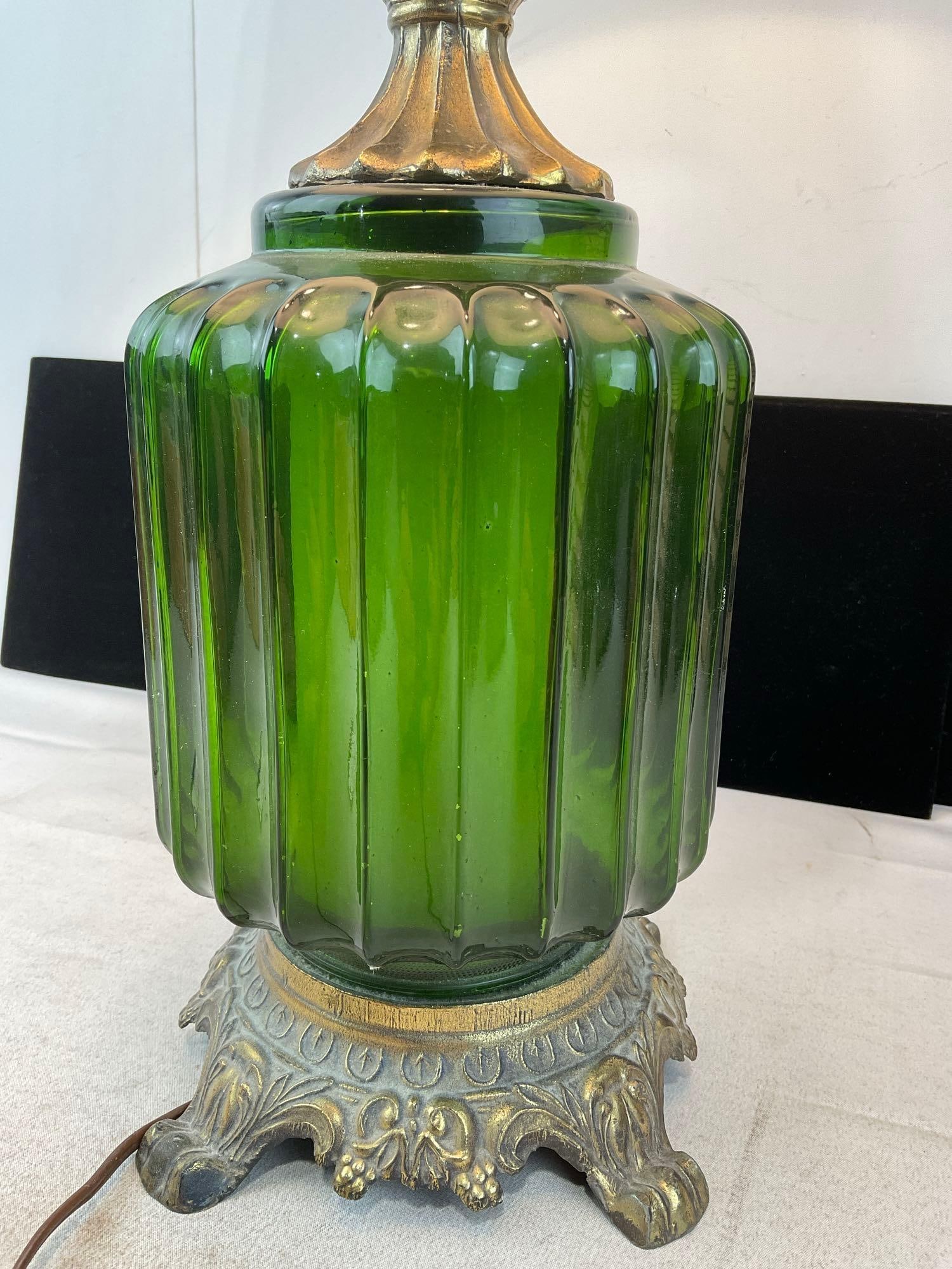 Vintage Cast Brass & Fluted Green Glass Table Lamp, 32x16x16 inches, tested & working - 3