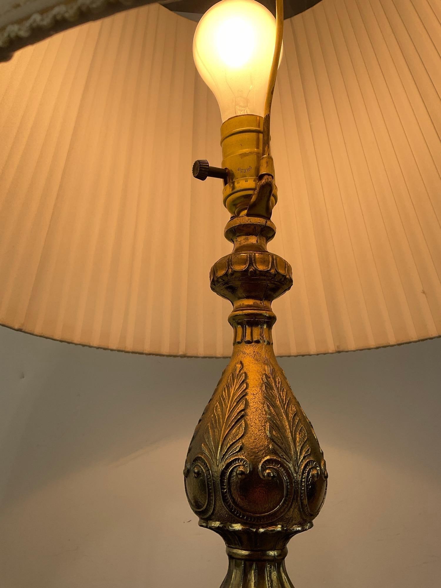 Vintage Cast Brass & Fluted Green Glass Table Lamp, 32x16x16 inches, tested & working - 4
