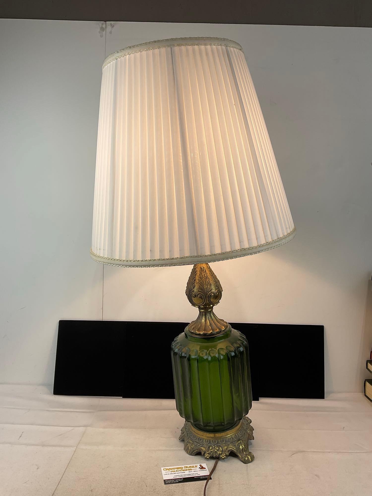 Vintage Cast Brass & Fluted Green Glass Table Lamp, 32x16x16 inches, tested & working (1 of 6)