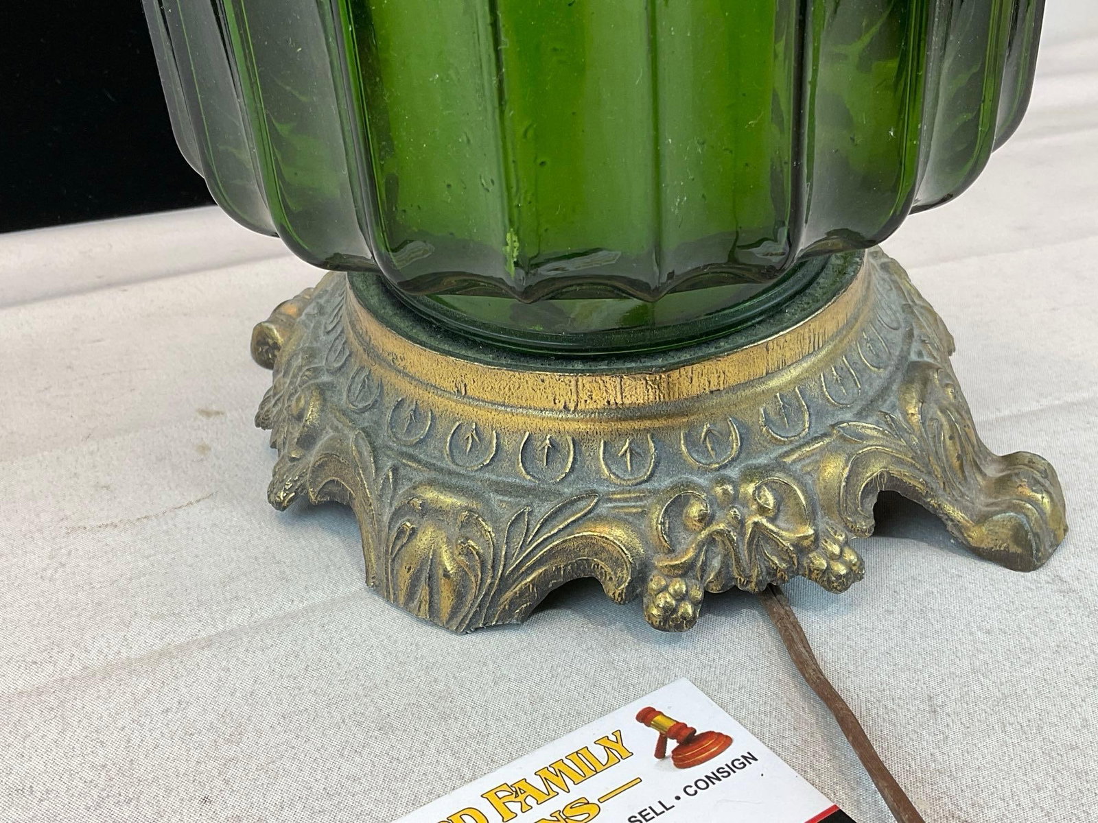 Vintage Cast Brass & Fluted Green Glass Table Lamp, 32x16x16 inches, tested & working - 2