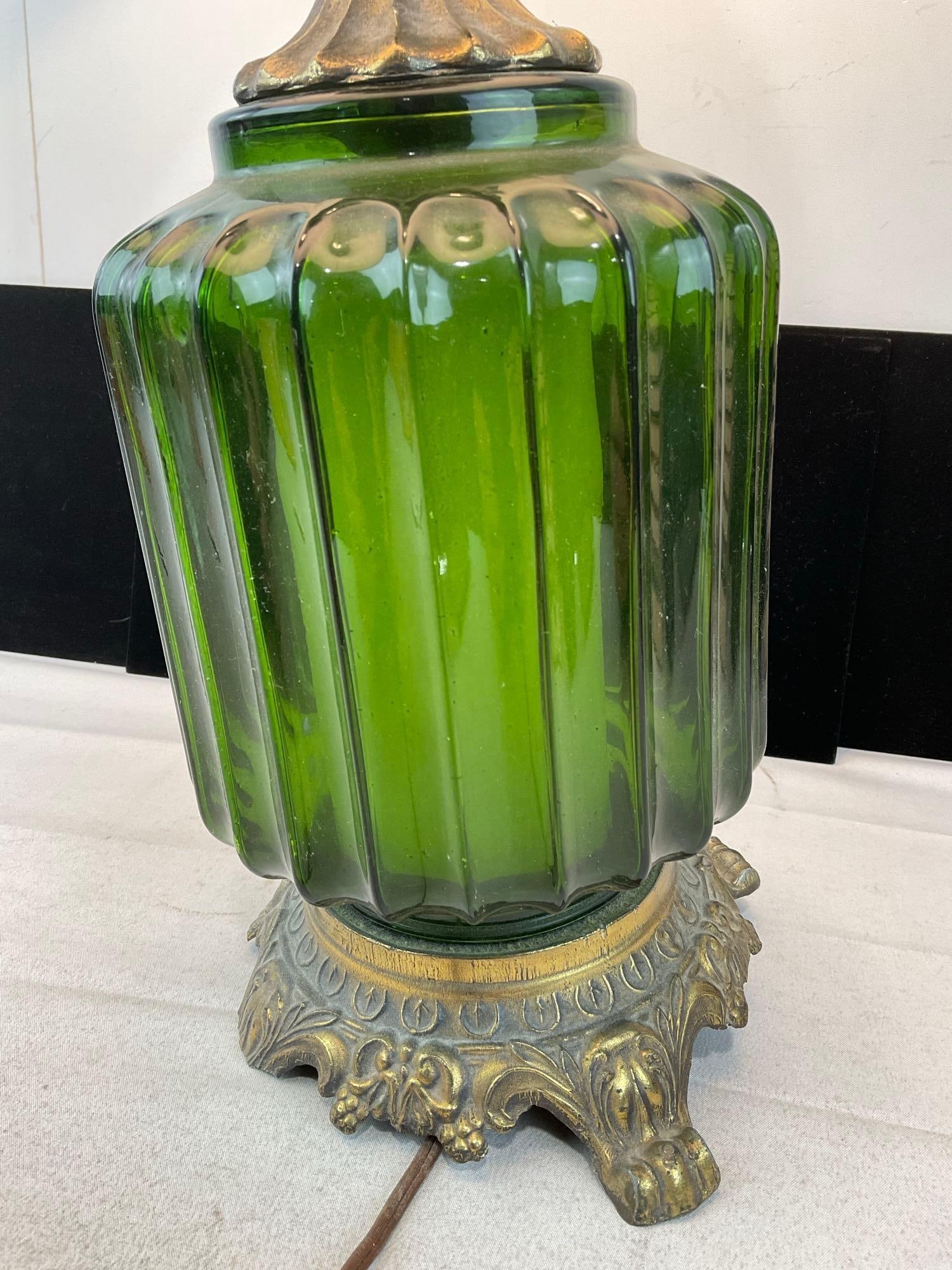 Vintage Cast Brass & Fluted Green Glass Table Lamp, 32x16x16 inches, tested & working - 3
