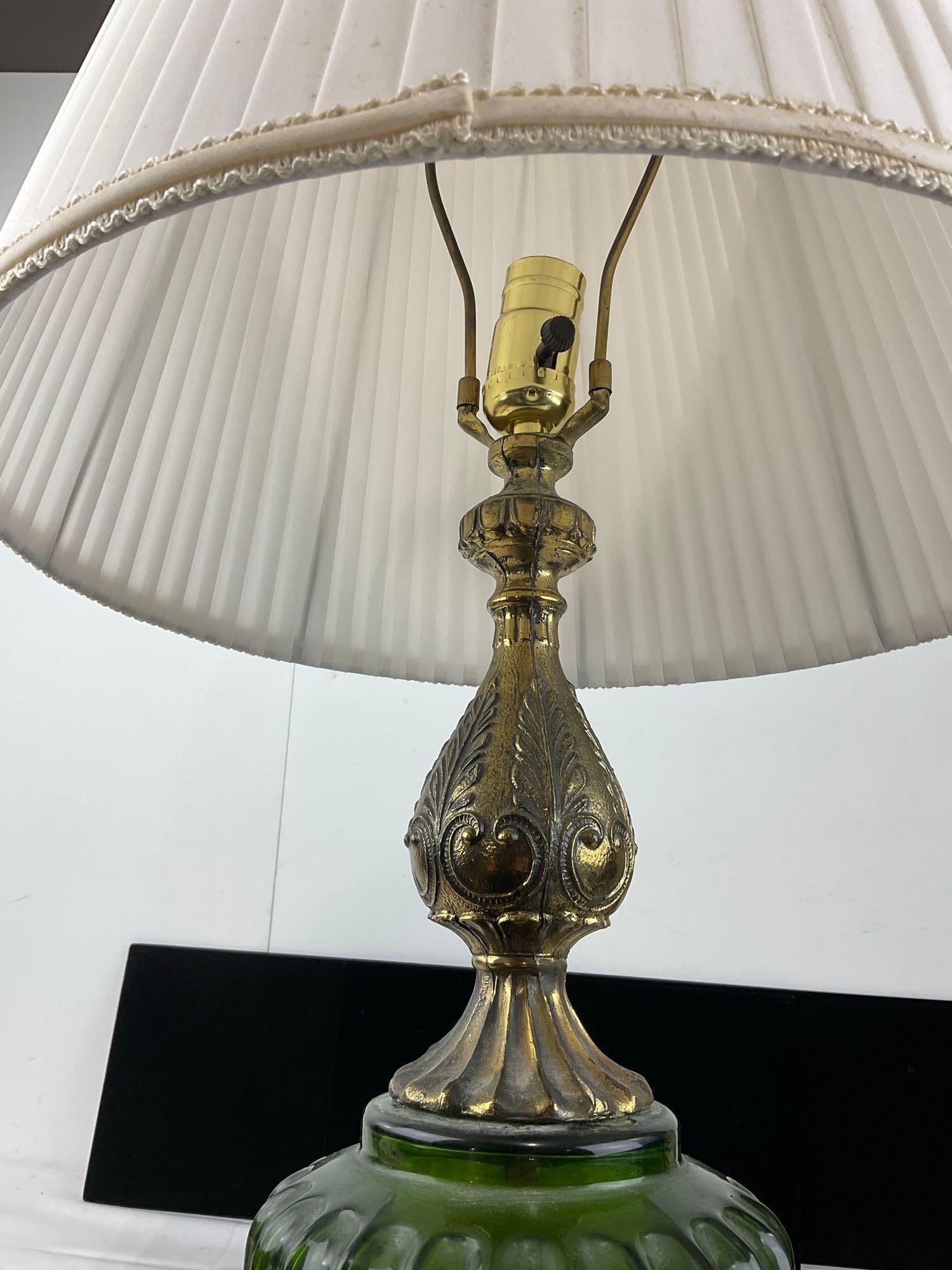 Vintage Cast Brass & Fluted Green Glass Table Lamp, 32x16x16 inches, tested & working - 4