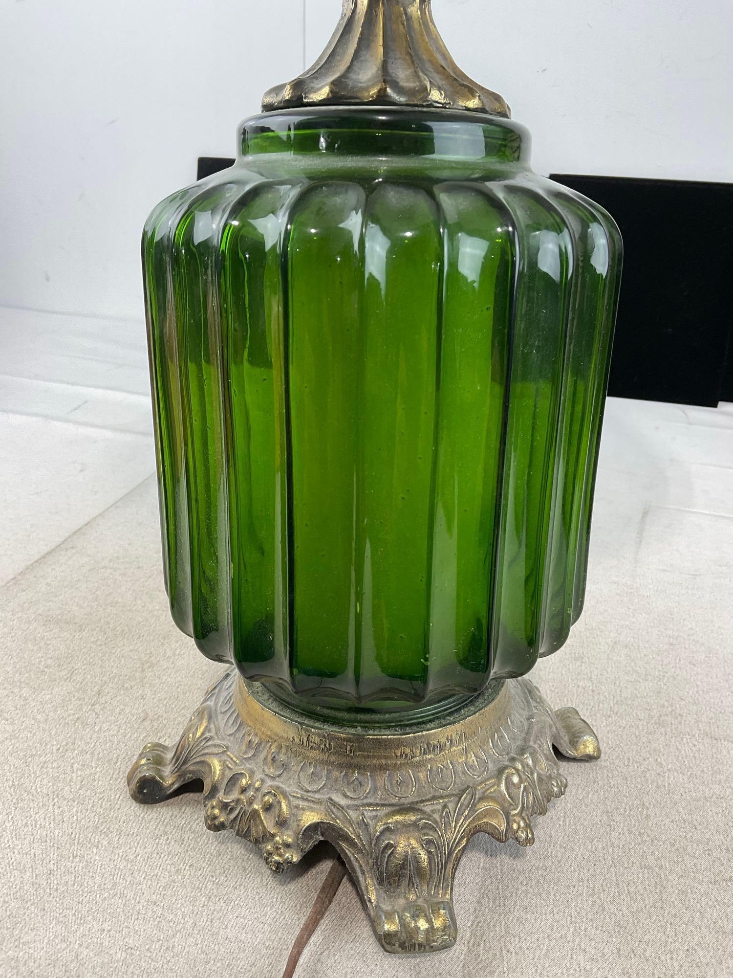 Vintage Cast Brass & Fluted Green Glass Table Lamp, 32x16x16 inches, tested & working - 5