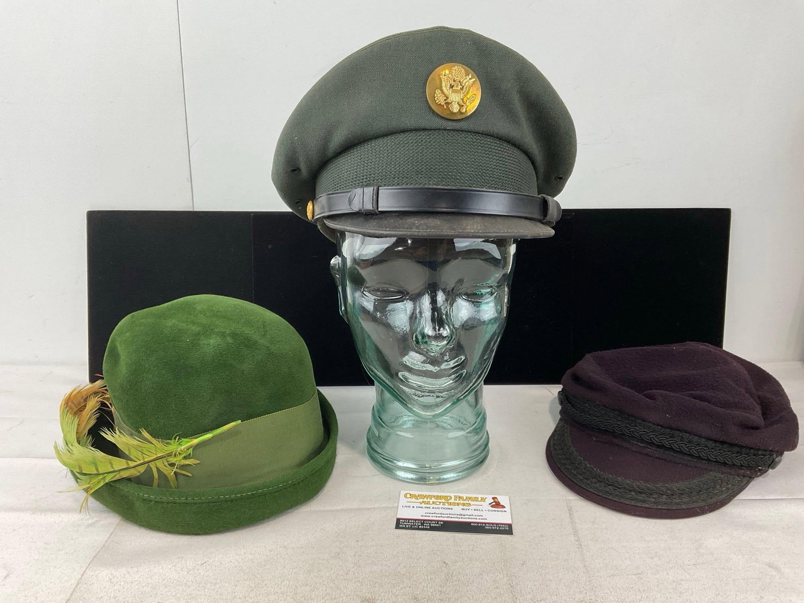 US Army Enlisted Mans Service Cap, Vintage Green Velour Cloche & Purple/Black Cap: Appears to be in good shape. The piece measures approx 8h x 11w x 11d inches. See pics. E-6300
