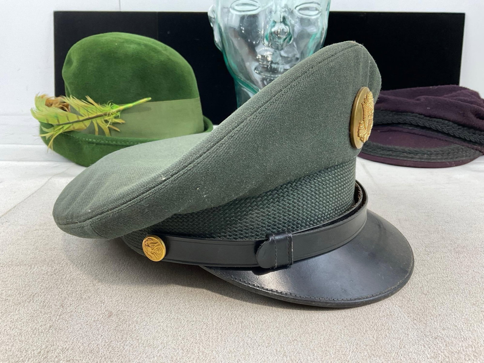 US Army Enlisted Mans Service Cap, Vintage Green Velour Cloche & Purple/Black Cap - 2