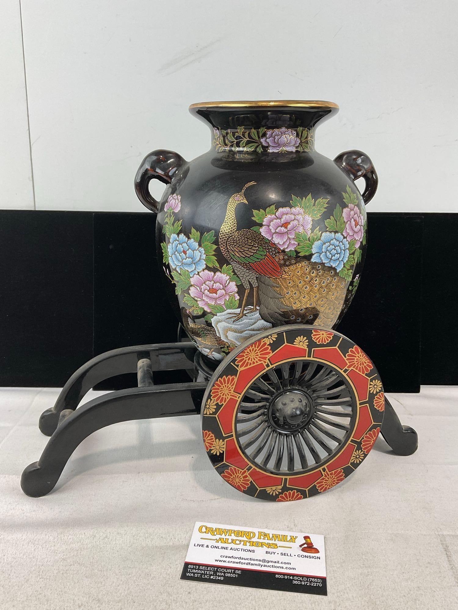 Black Japanese Porcelain Vase w/Handpainted Details Gilt Pheasant & Plastic Molded Cart shaped St...: Appears to be in good shape. The piece measures approx 13h x 14w x 8d inches. See pics. E-6300