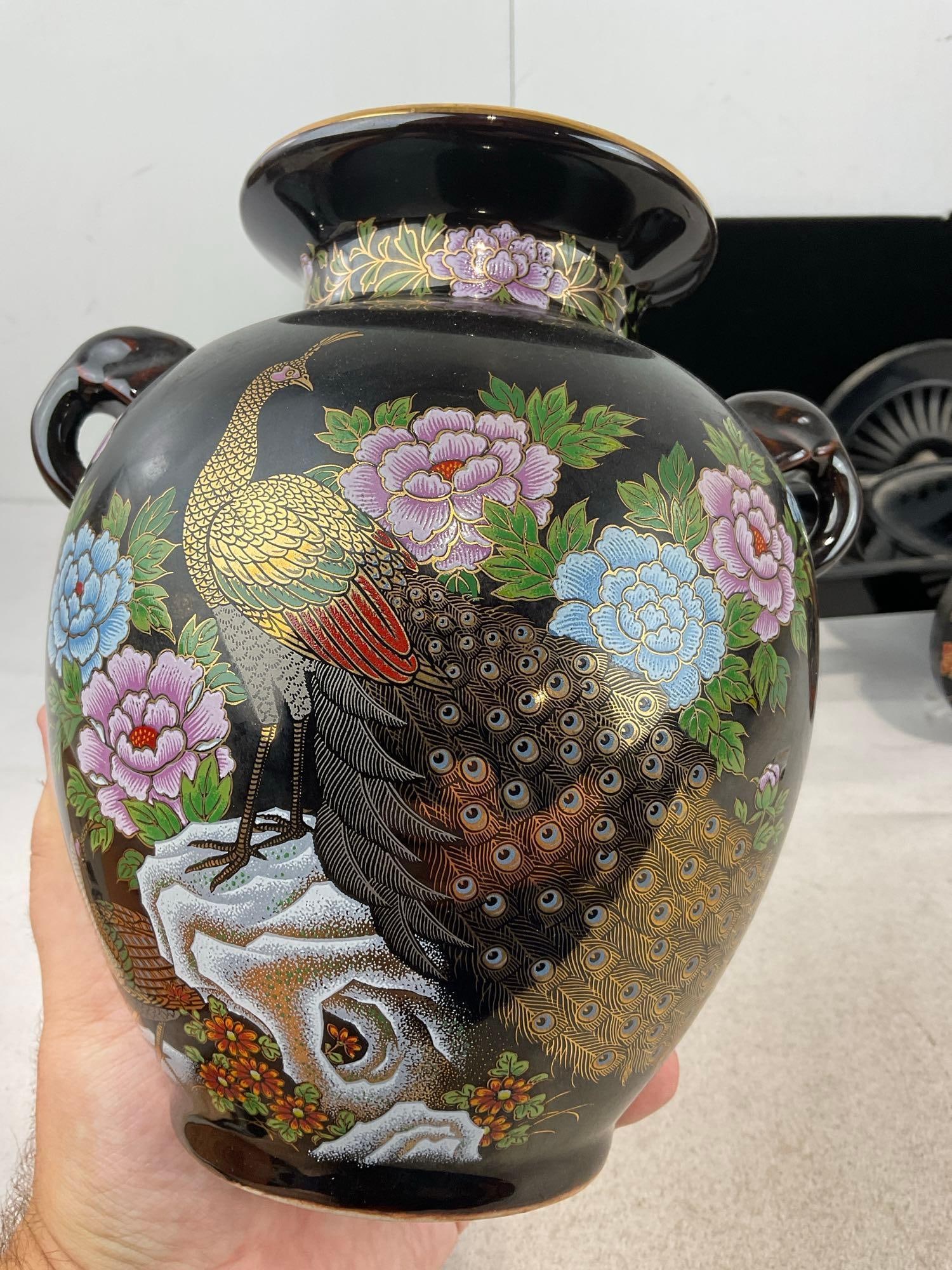 Black Japanese Porcelain Vase w/Handpainted Details Gilt Pheasant & Plastic Molded Cart shaped St... - 3