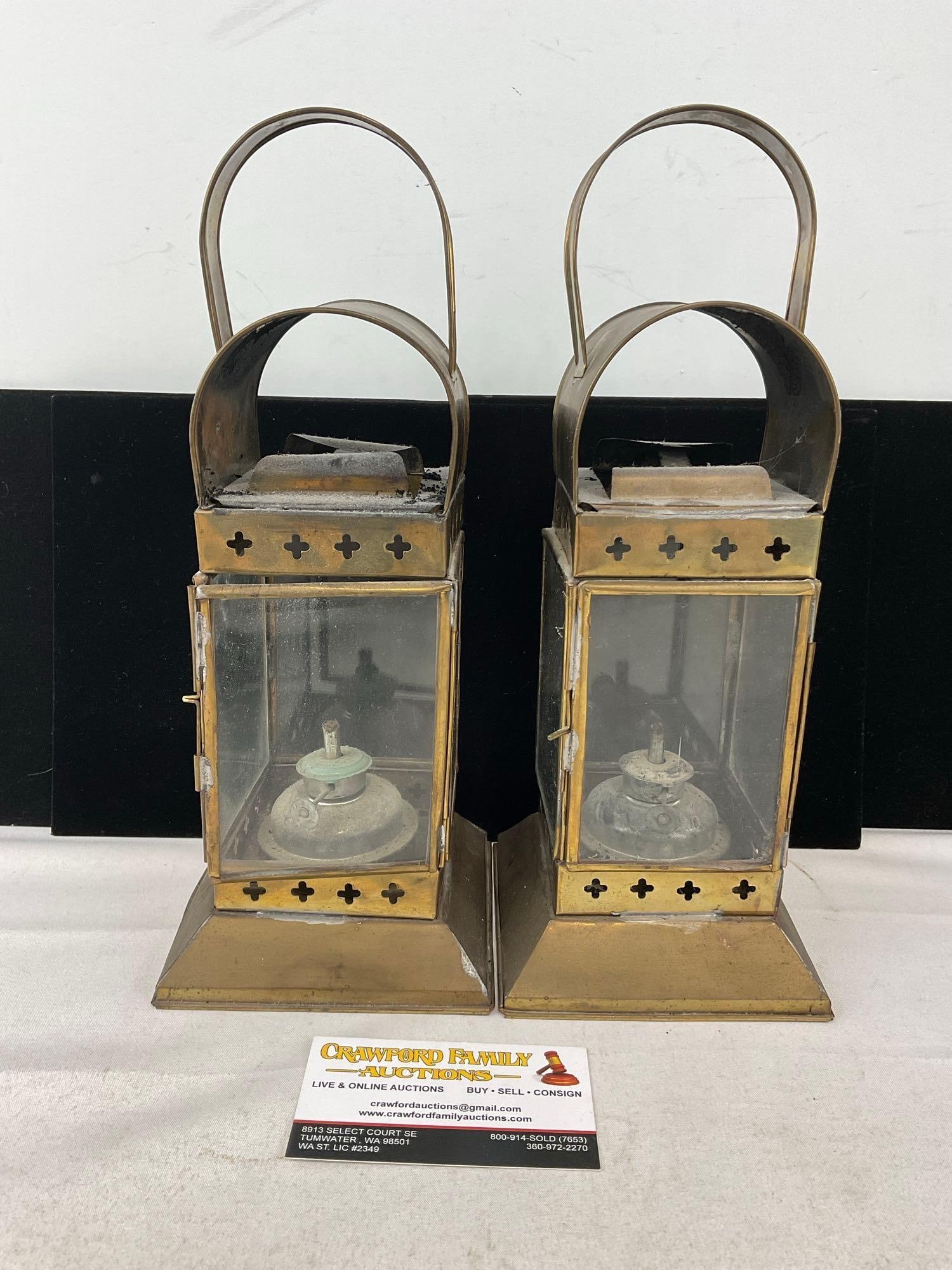 Pair of Brass tone Sheet Metal Oil Lamps, w/Glass Panels, 12 inches tall: Appears to be in good shape. The piece measures approx 12h x 10w x 5d inches. See pics. E-6300