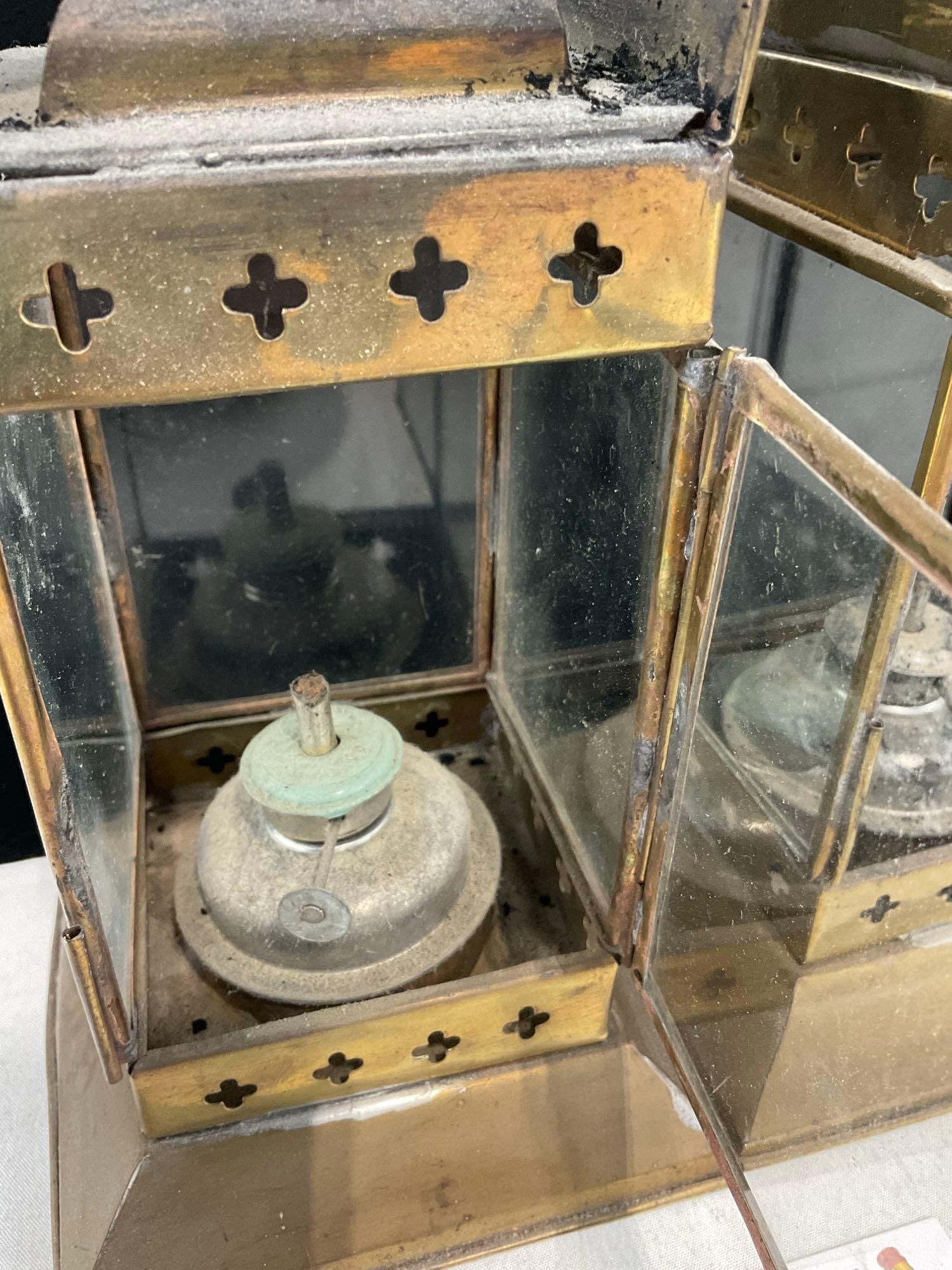 Pair of Brass tone Sheet Metal Oil Lamps, w/Glass Panels, 12 inches tall - 2