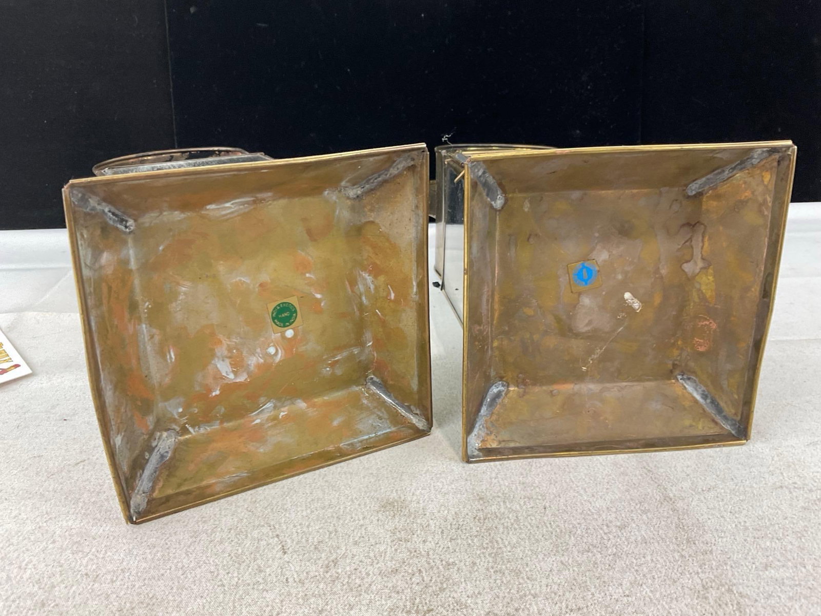 Pair of Brass tone Sheet Metal Oil Lamps, w/Glass Panels, 12 inches tall - 3