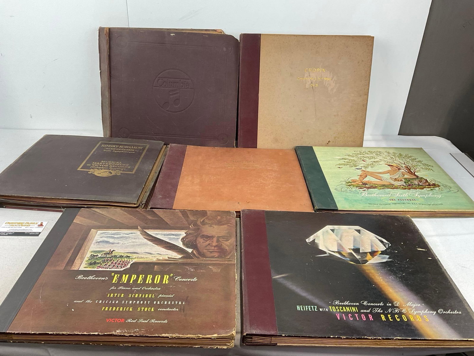 7 Albums of Vinyl Records, Beethovens Work by Toscanini, Stock, Chopin, Scheherezade & more: Unclear the playability of the records included. Appears to be in good shape. The piece measures approx 8h x 16w x 14d inches. See pics. E-6300