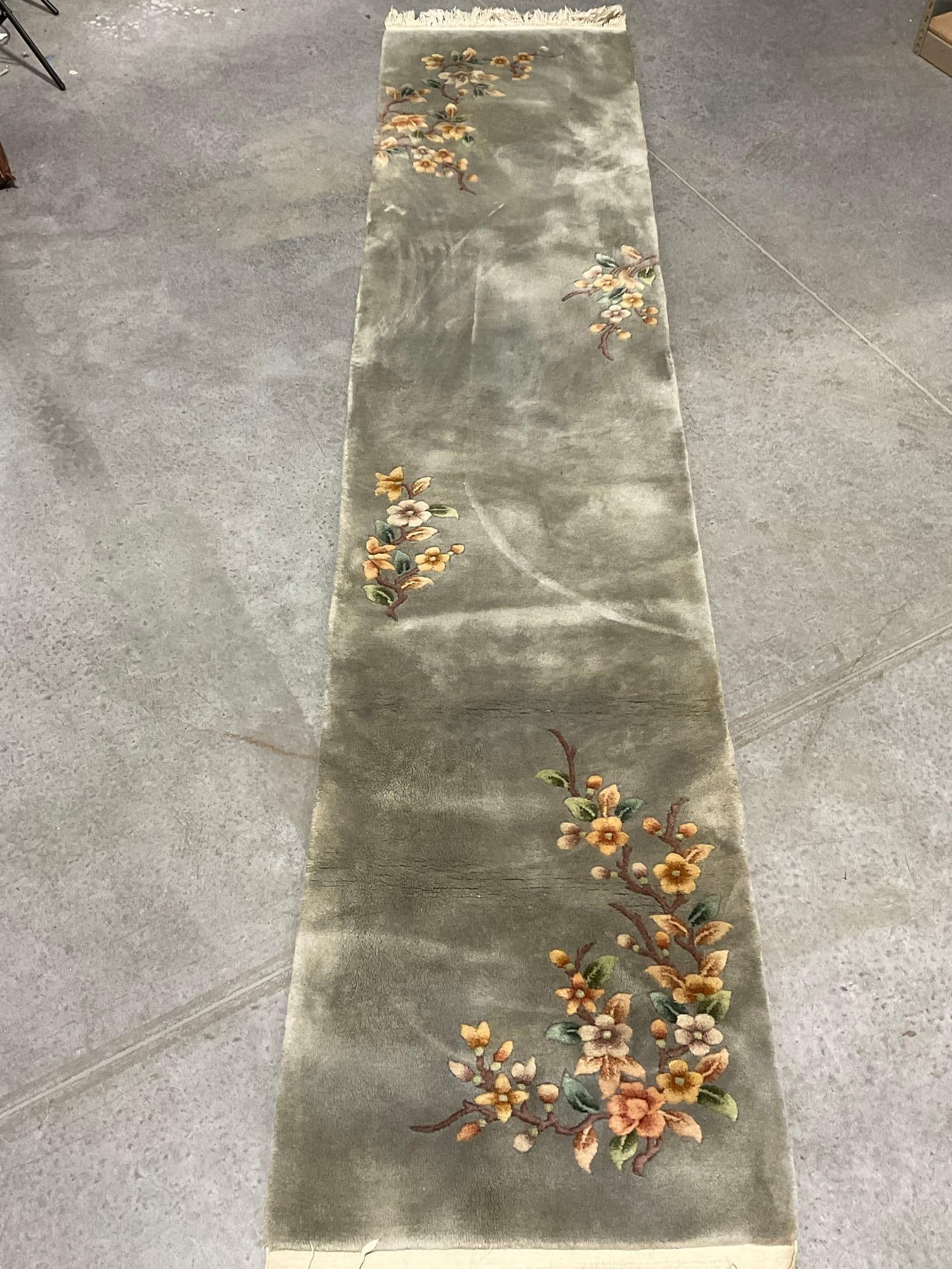 Long Runner Sage Green High-Pile Rug, 28x128 inches, 10+ feet long, Yellow Floral Branch Motif: Appears to be in good shape. The piece measures approx 11h x 14w x 28d inches when rolled up. See pics. E-6560