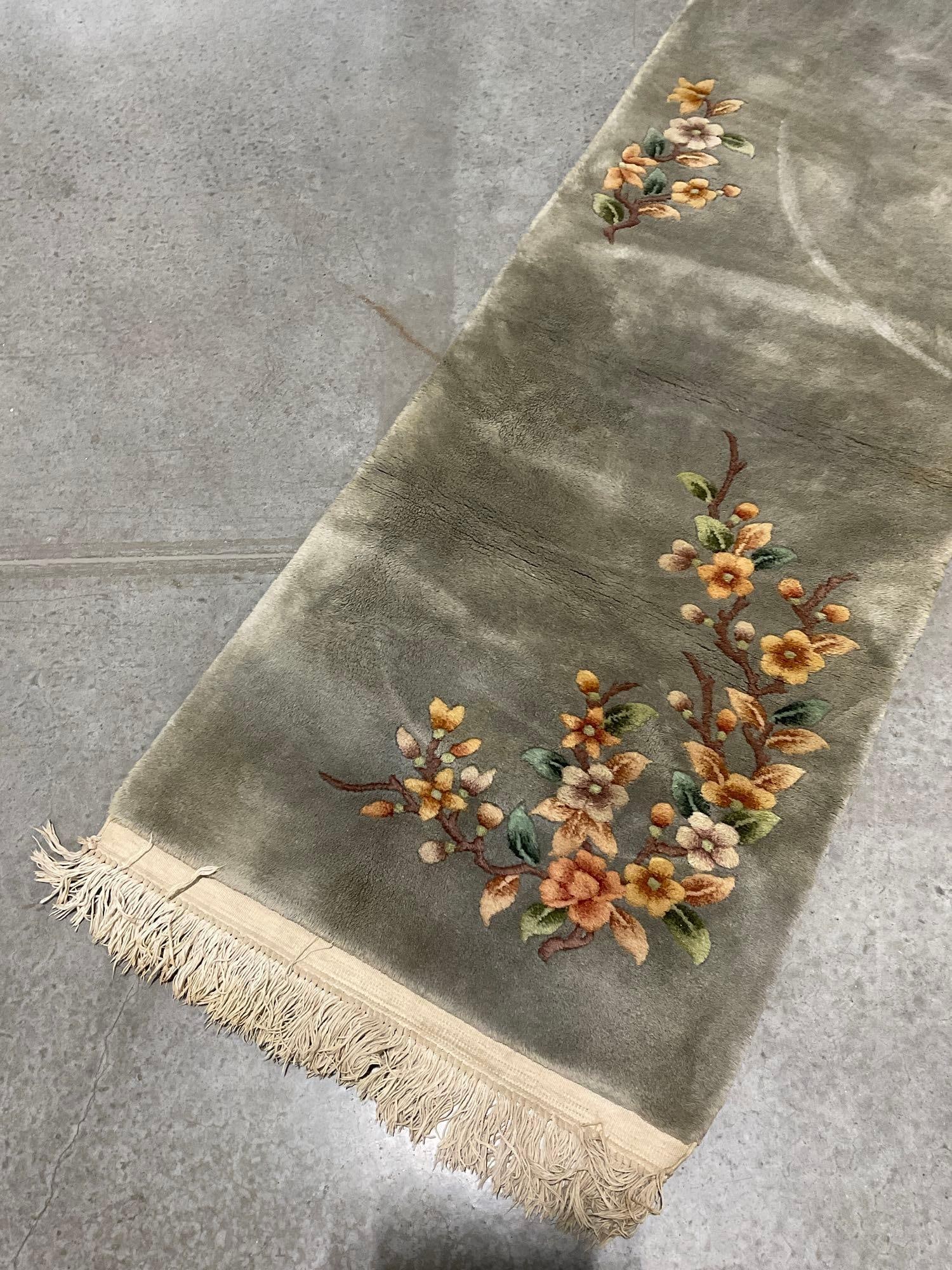 Long Runner Sage Green High-Pile Rug, 28x128 inches, 10+ feet long, Yellow Floral Branch Motif - 2
