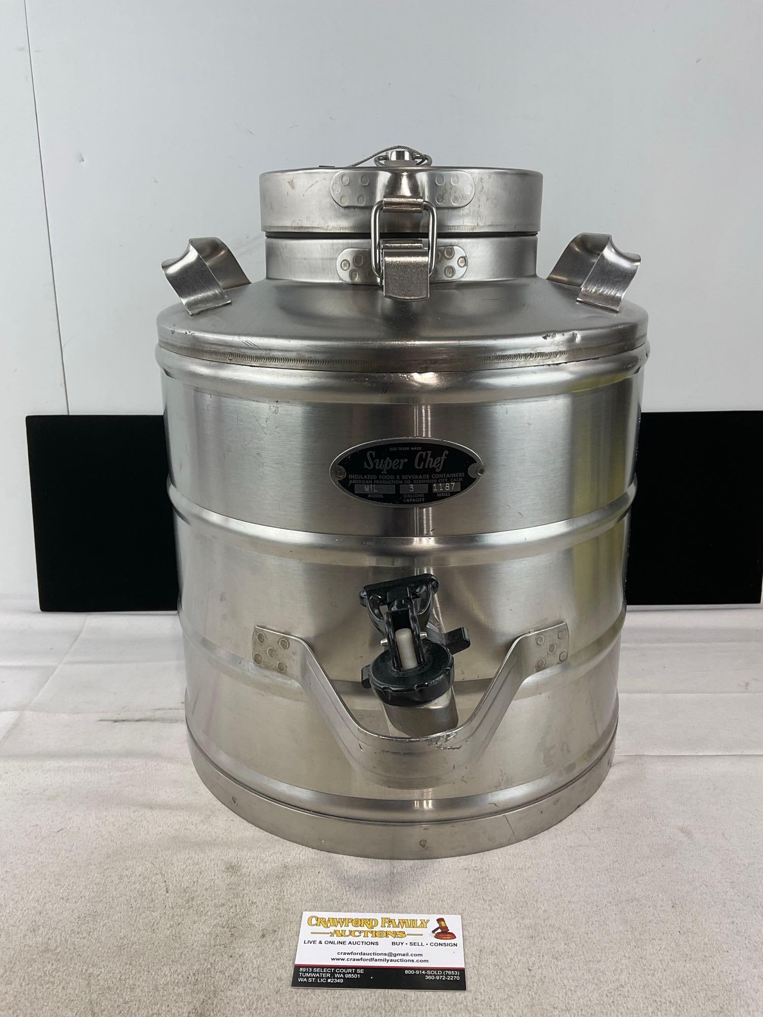 Super Chef Insulated Beverage Dispenser model MIL 3 Gallon Capacity, 18x17x14 inches: Looks to be aluminum, the bottom of the vessel is at the height of the spigot. Appears to be in good shape. The piece measures approx 18h x 17w x 14d inches. See pics. E-6560