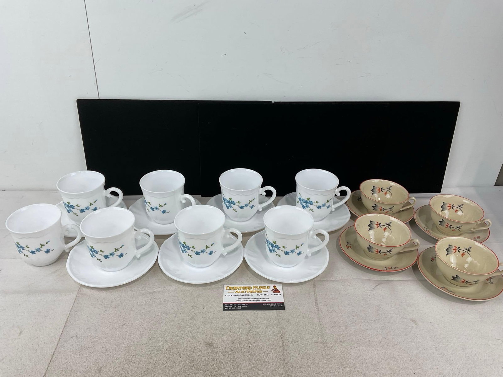 1970s Arcopel France Veronica Pattern Cups & Saucers, Milk Glass, Finnish China, 4 Cups & saucers: Appears to be in good shape. The piece measures approx 8h x 14w x 10d inches. See pics. E-6560