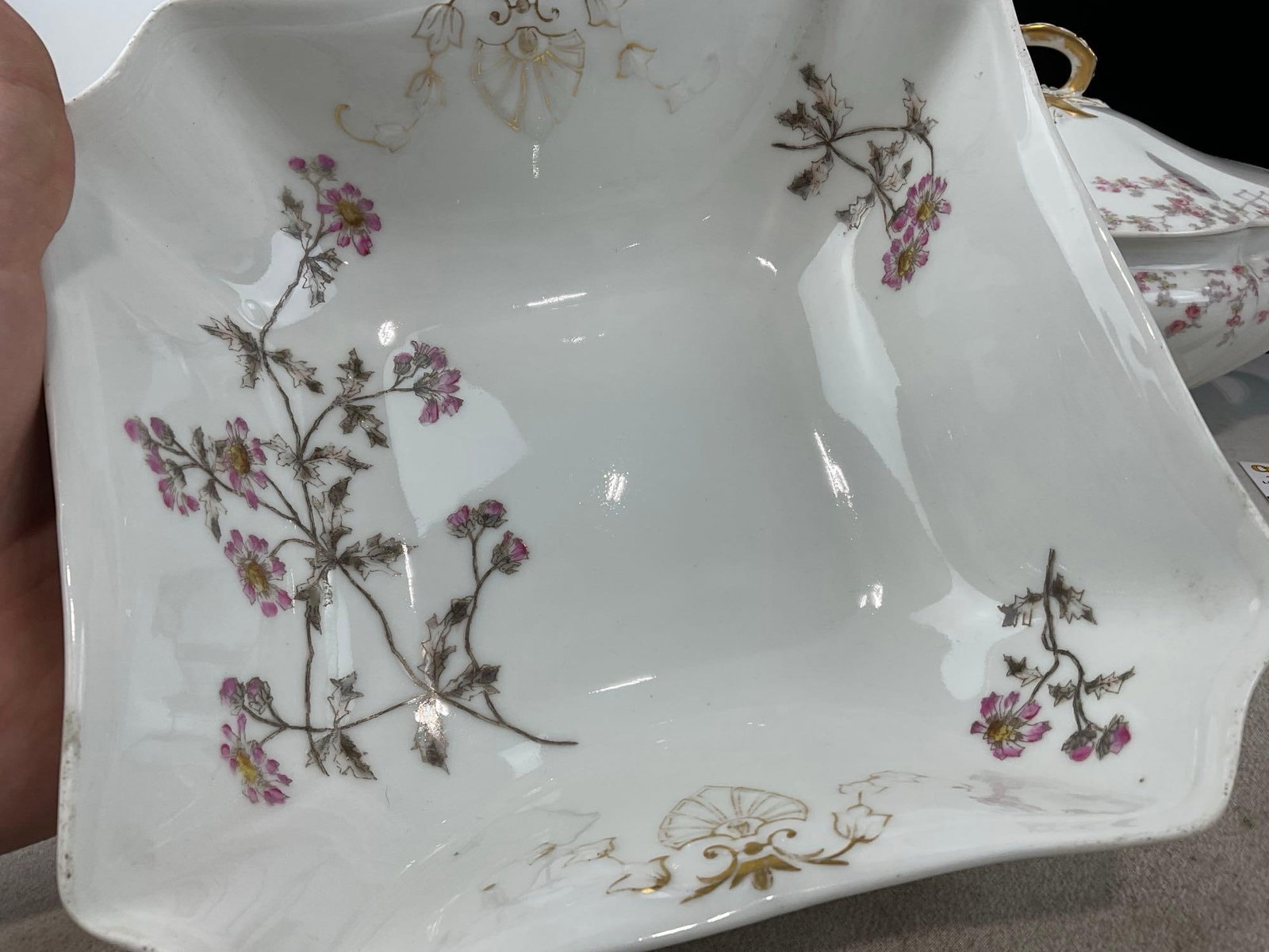 Haviland Limoges Schleiger 265 pattern Soup Tureen w/Lid, & #1311-3 Square 8 inch Open Veg Bowl - 4