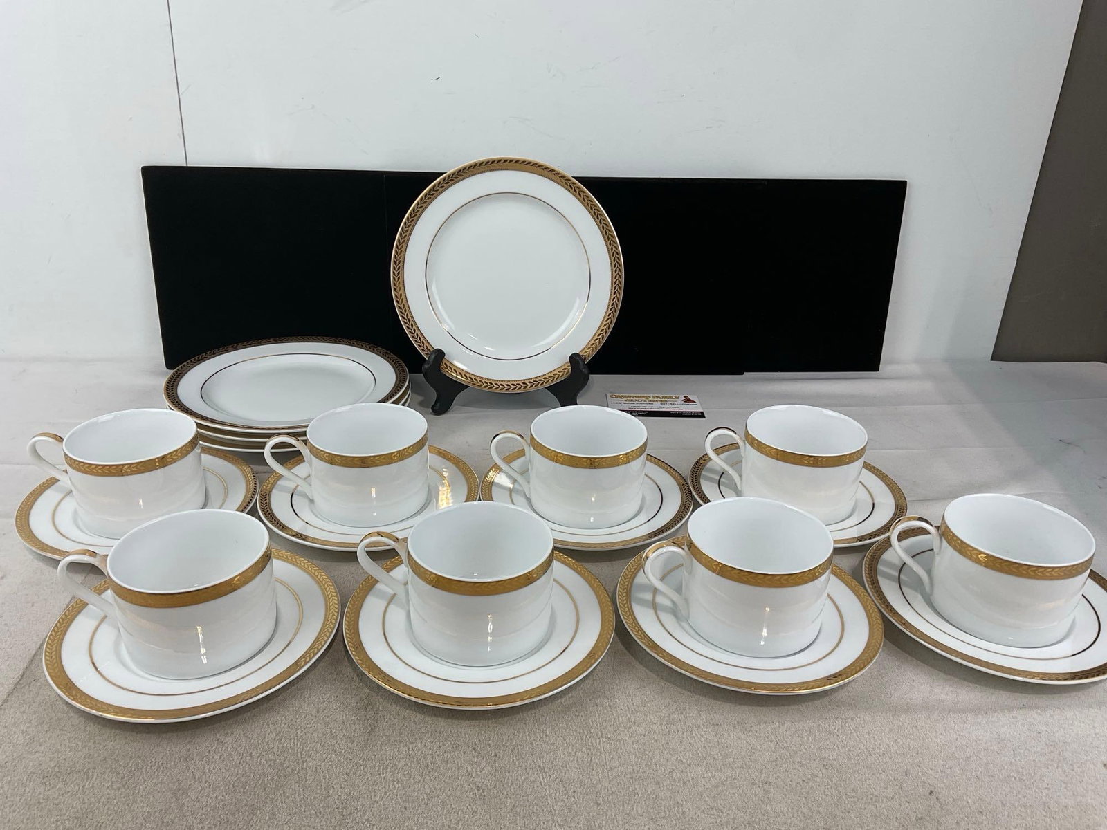Block Manchester Gold 1990s China, Gilt Rim, 8 cups & saucers, 4 dessert plates: Appears to be in fair to good shape, some slight wear on a couple of the rims. See pics. E-6560
