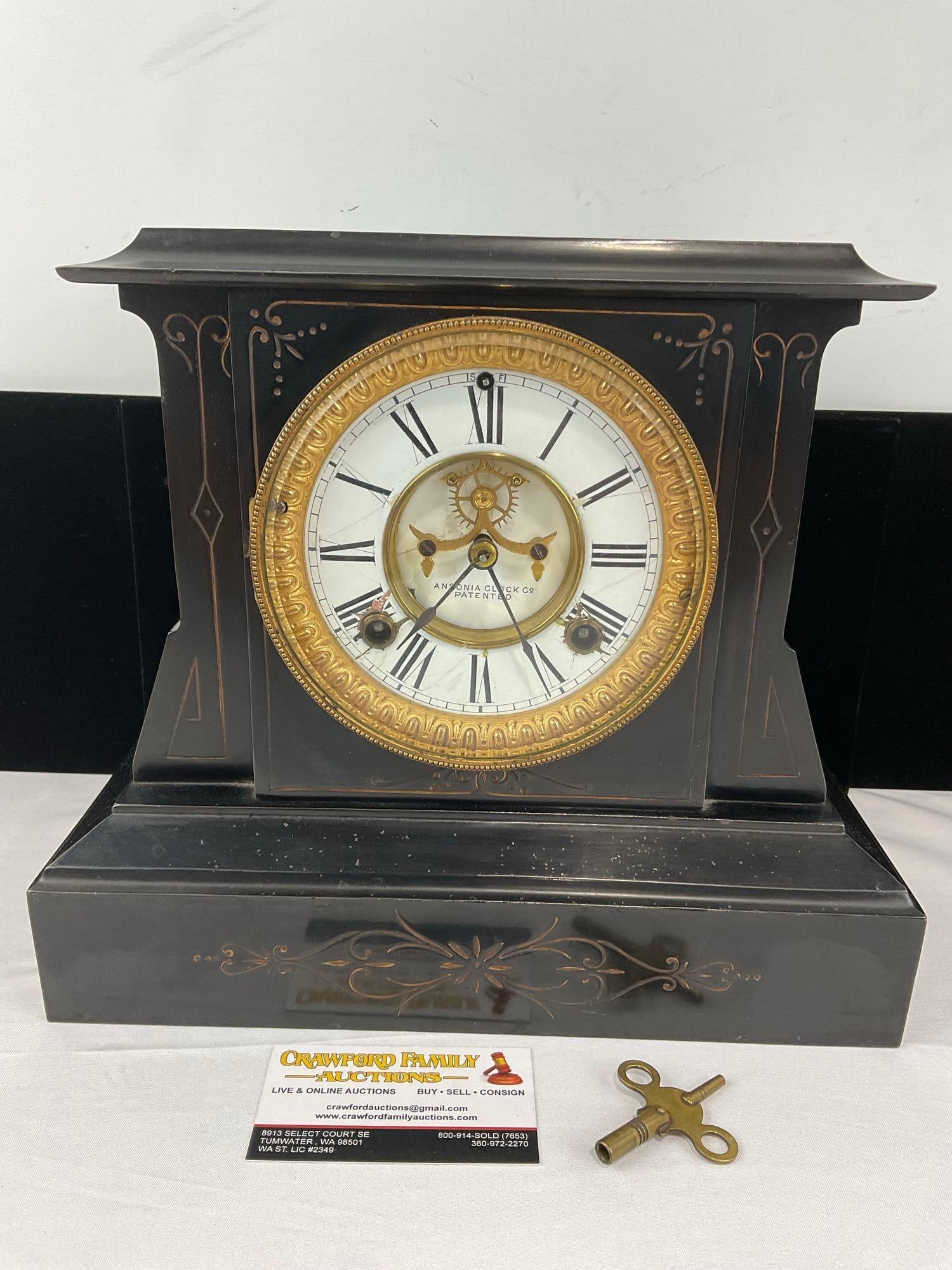 Antique Steel Case Ansonia Mantel Clock, Time Strike Chime, 12x13x7 in, Dark Black w/Gilt details (1 of 6)